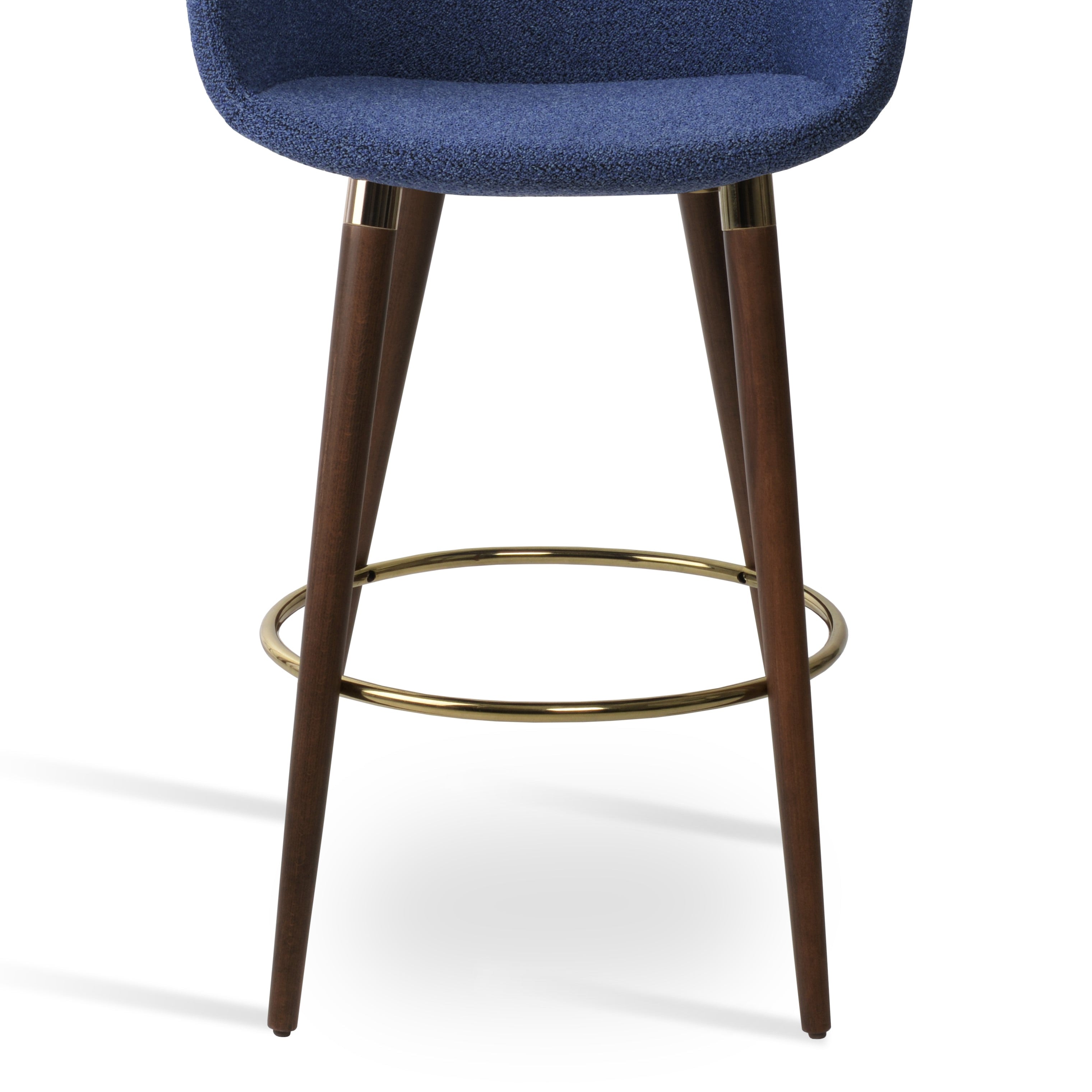 Blue bar stool with wooden legs and gold metal base on a white background