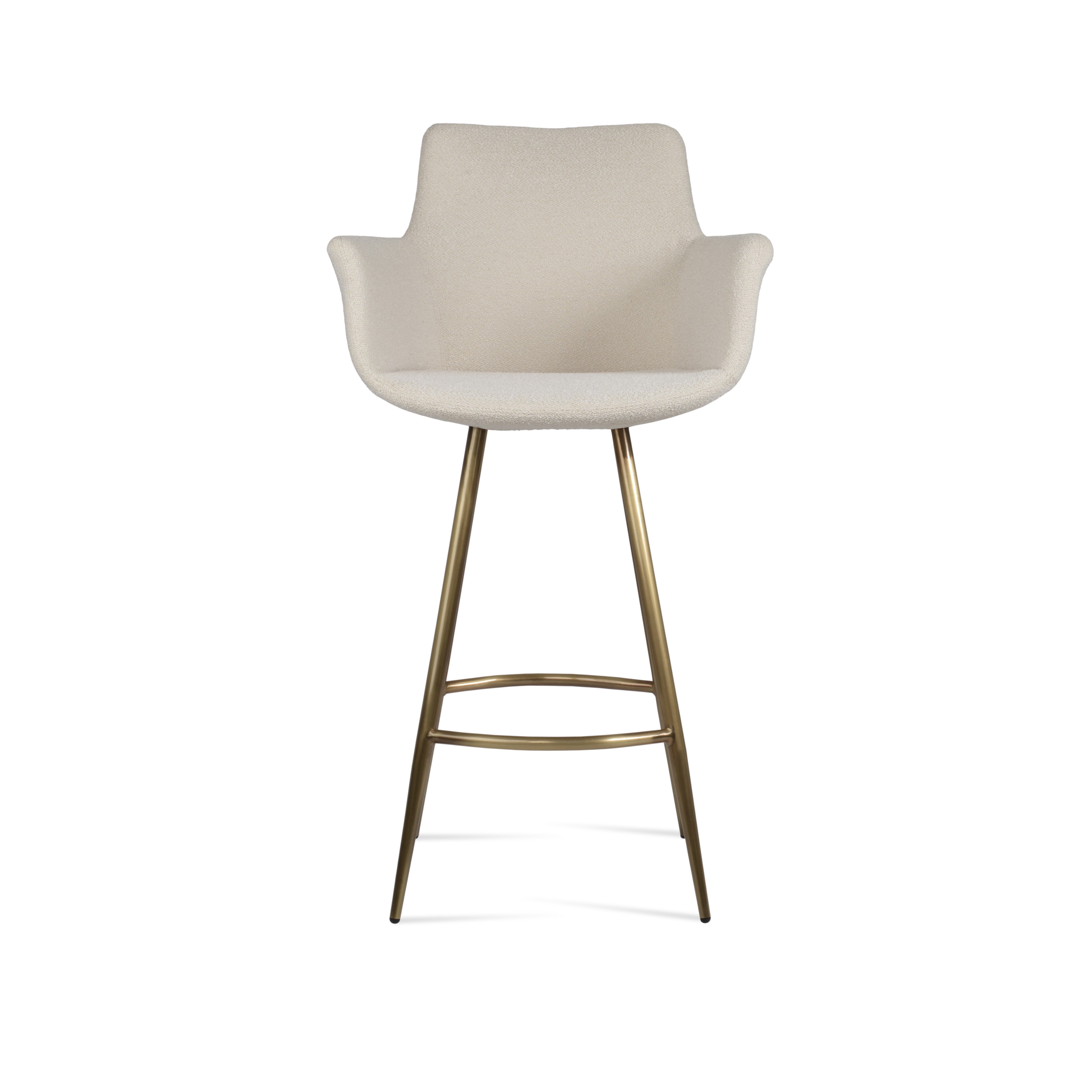 Beige bar stool with gold metal legs on a white background