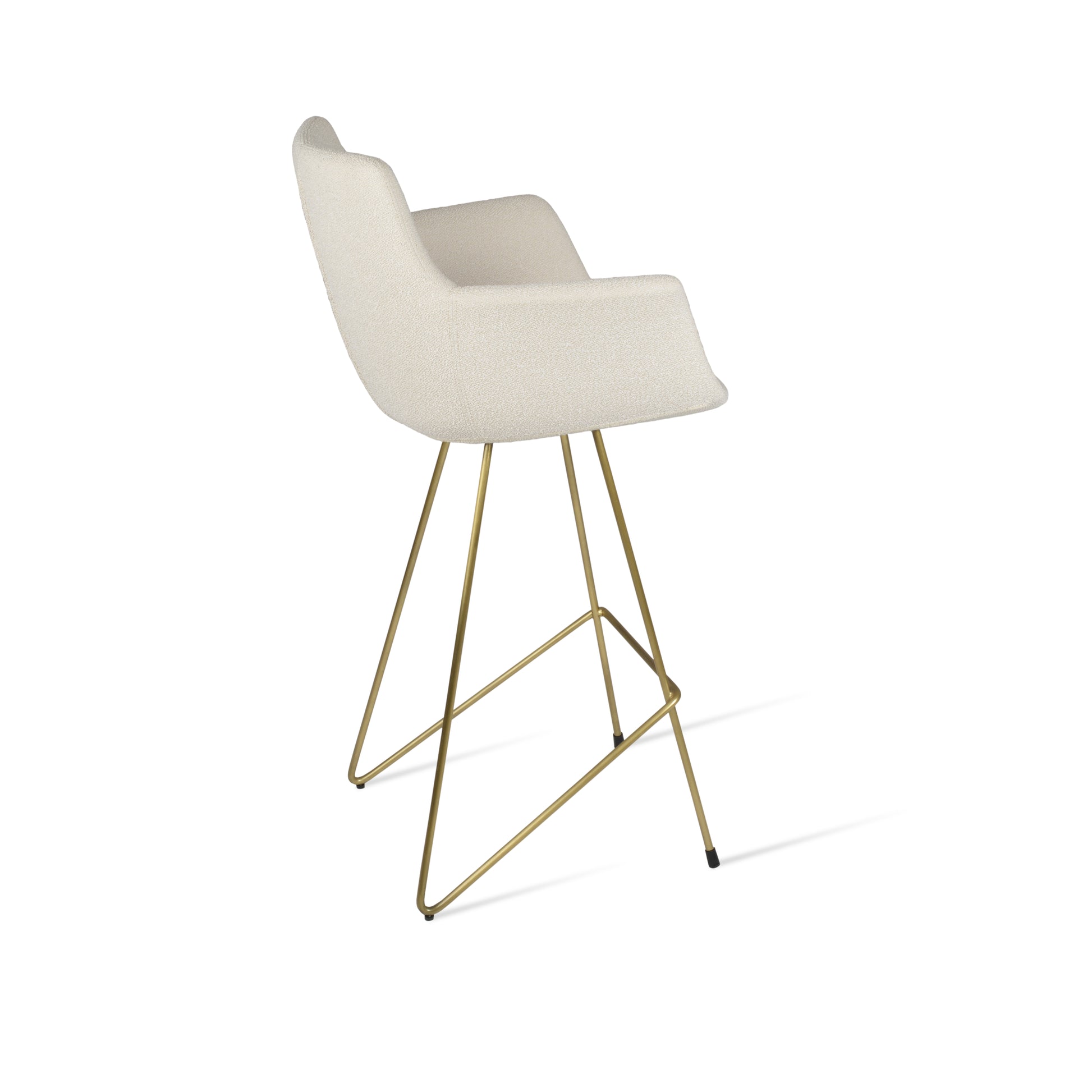 White bar stool with gold metal legs on a white background
