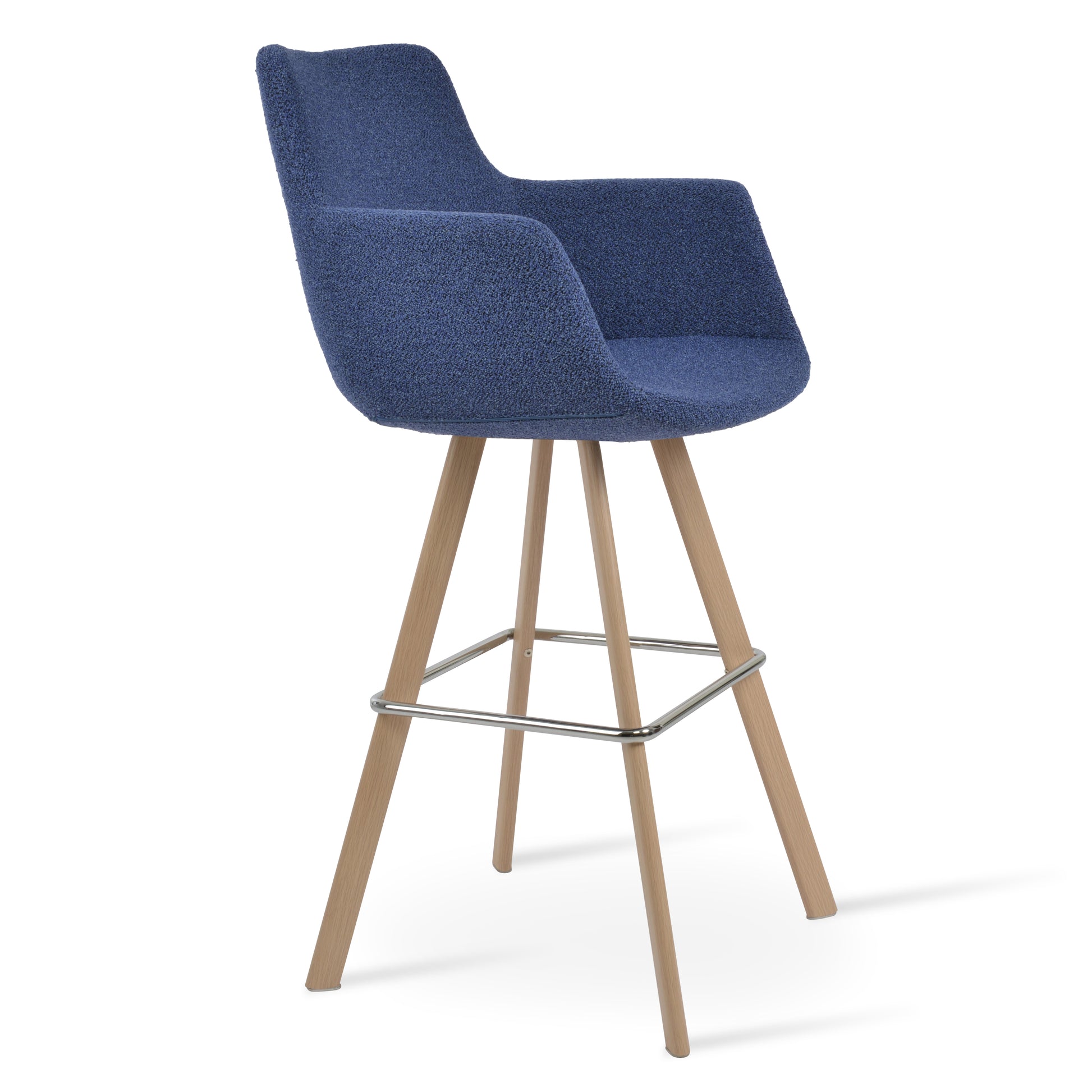 Blue bar stool with wooden legs on a white background