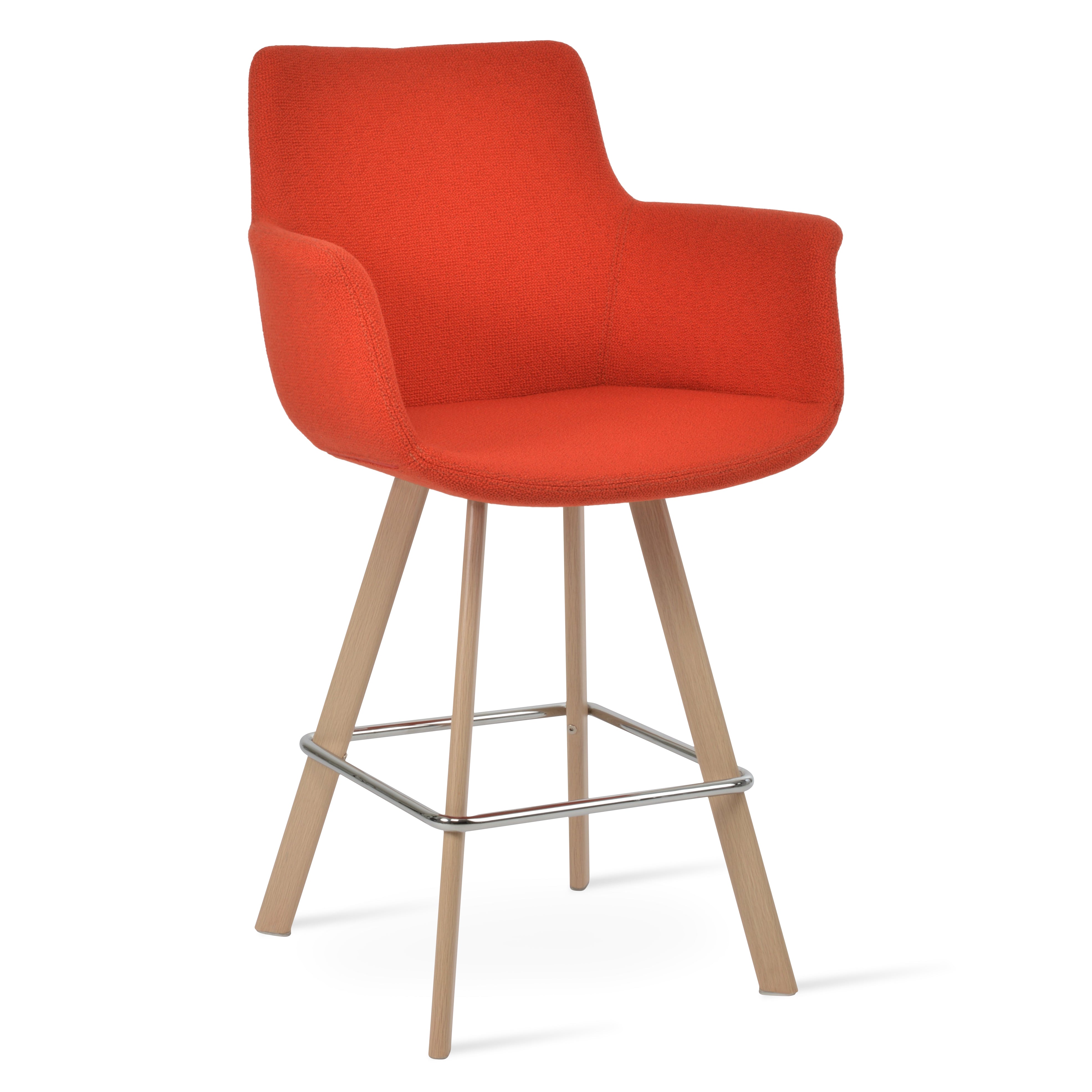 Orange counter stool with wooden legs on a white background