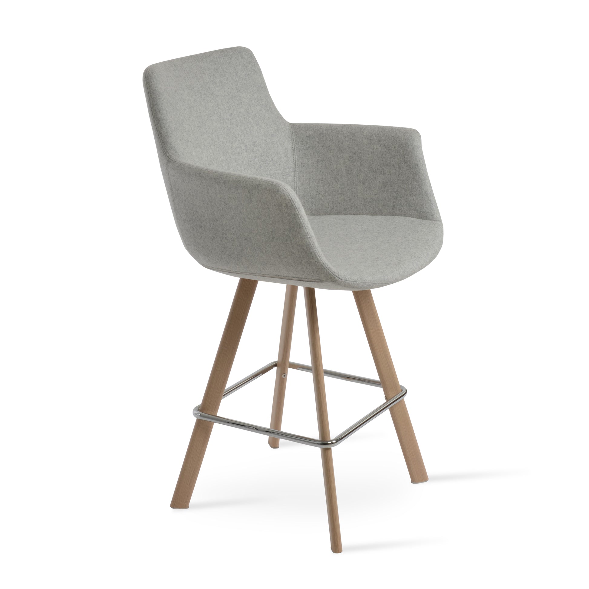 Gray upholstered bar stool with wooden legs on a white background