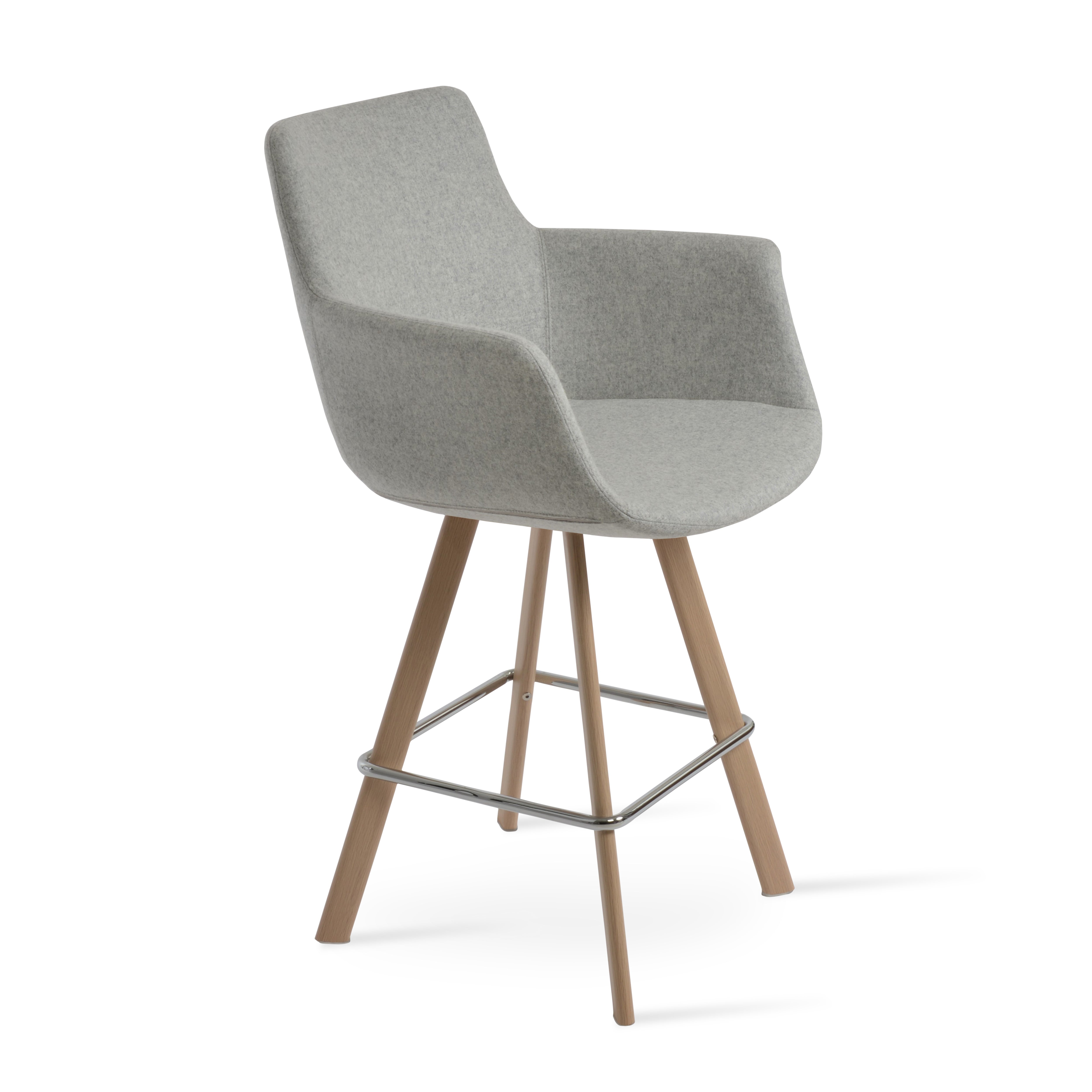Gray upholstered bar stool with wooden legs on a white background