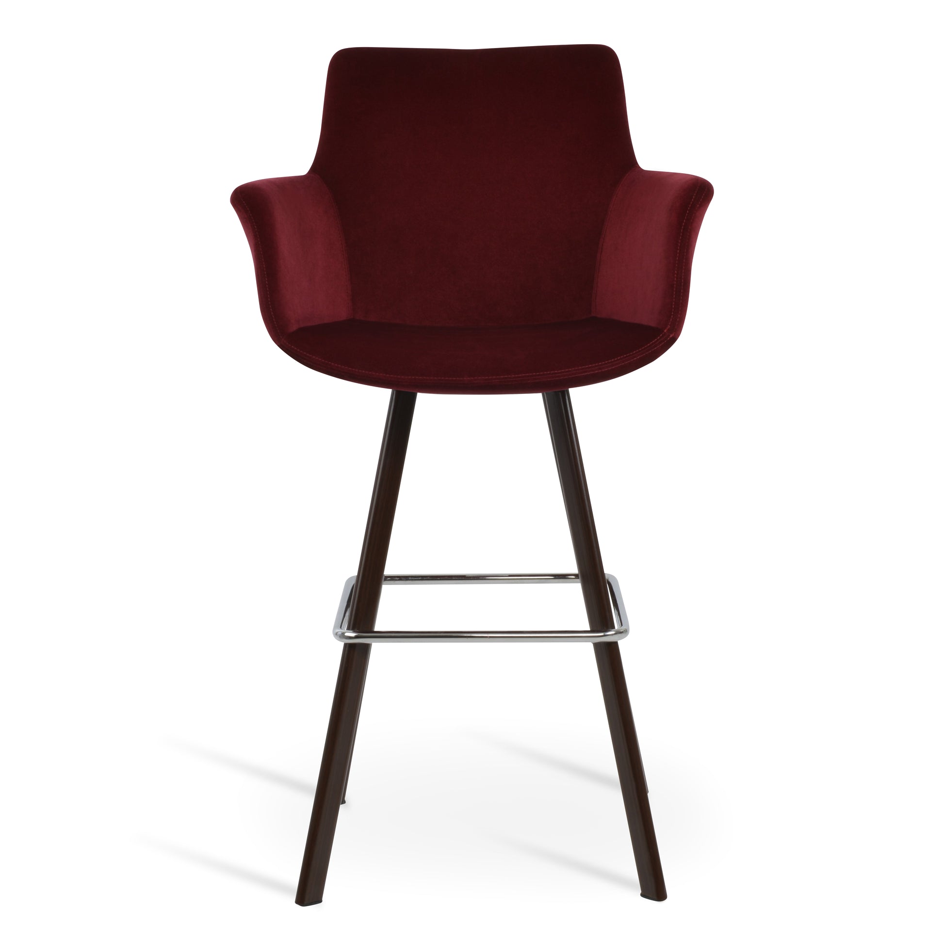 Maroon bar stool with wooden legs on a white background