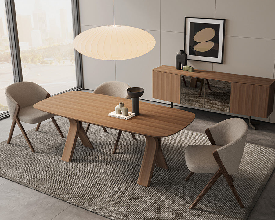 Close-up of the Koza Dining Table’s smooth surface, showcasing its high-quality materials and sleek finish.