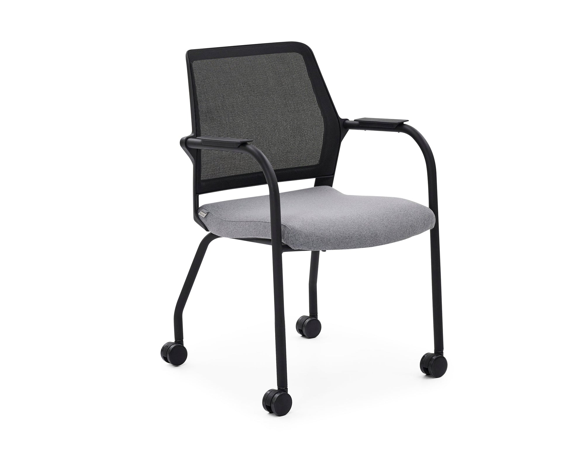 Chair with black mesh back and gray seat on a white background