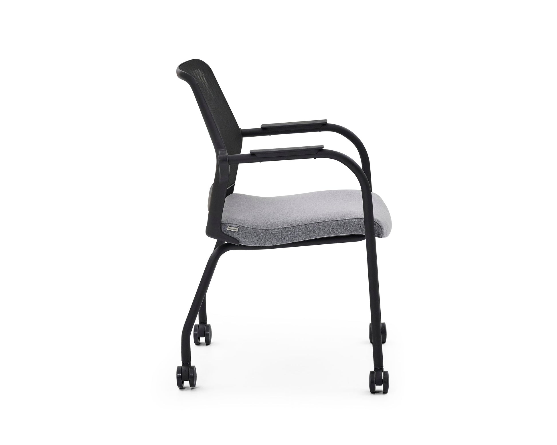 Chair with black frame and gray cushion on a white background