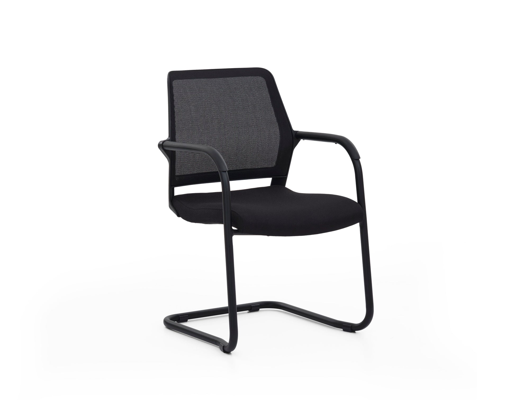 Black office chair with mesh back on a white background