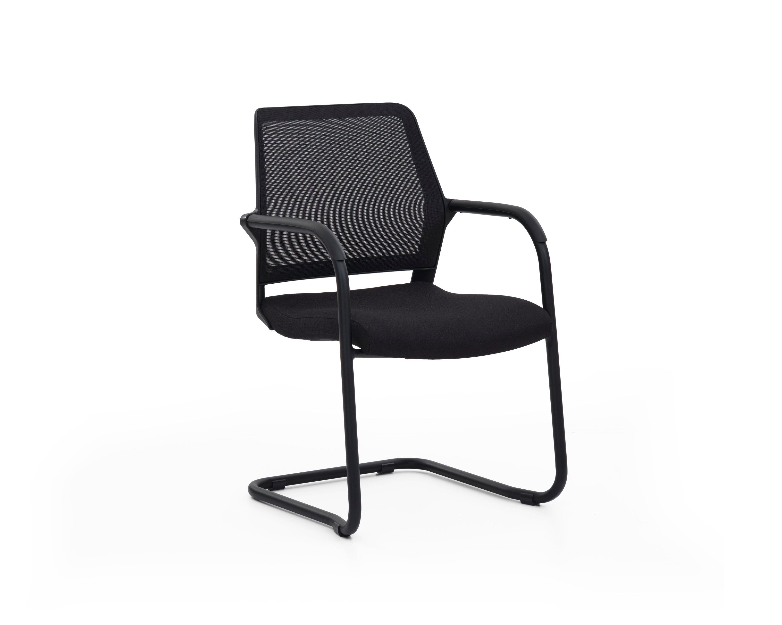 Black office chair with mesh back on a white background