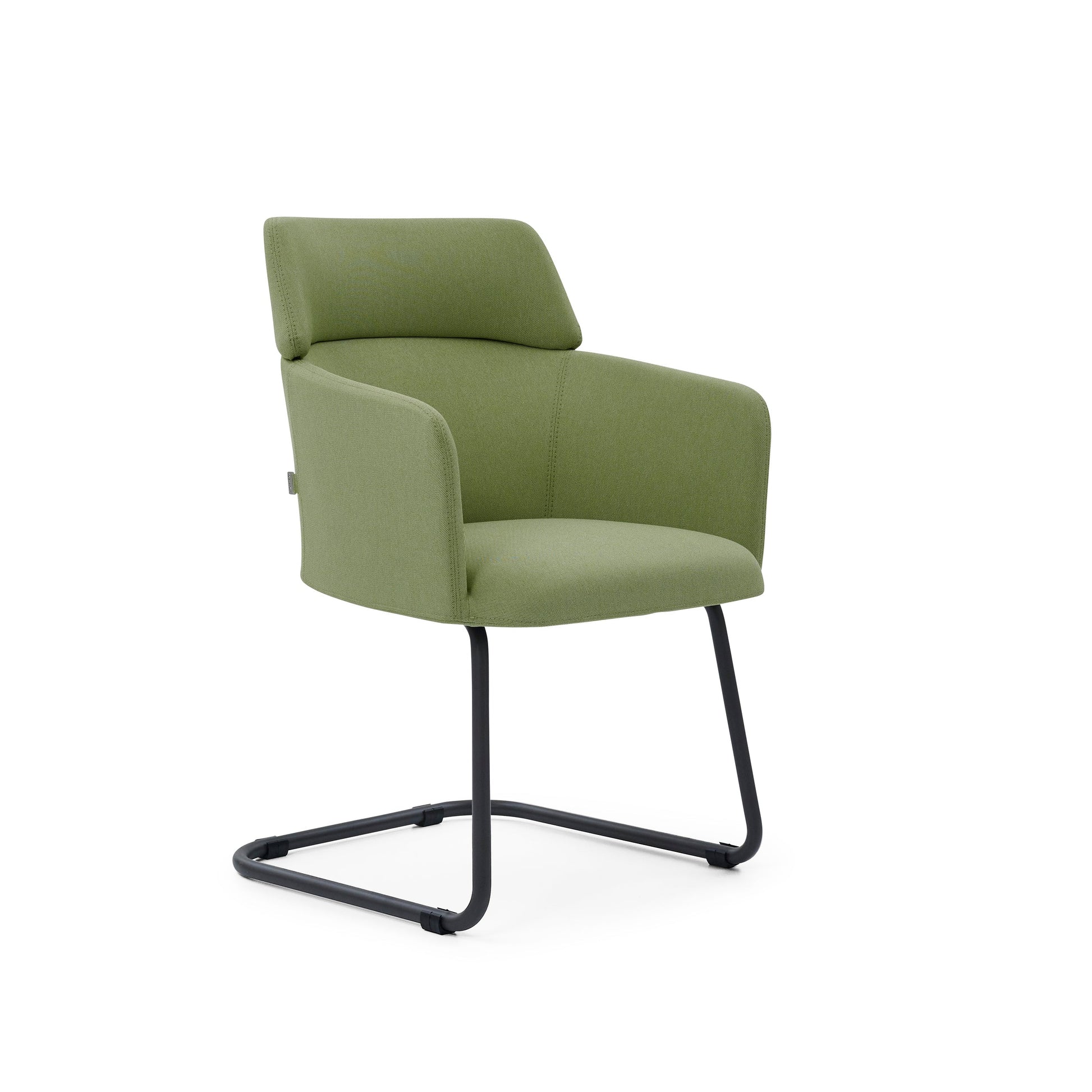 Green armchair with black metal legs on a white background