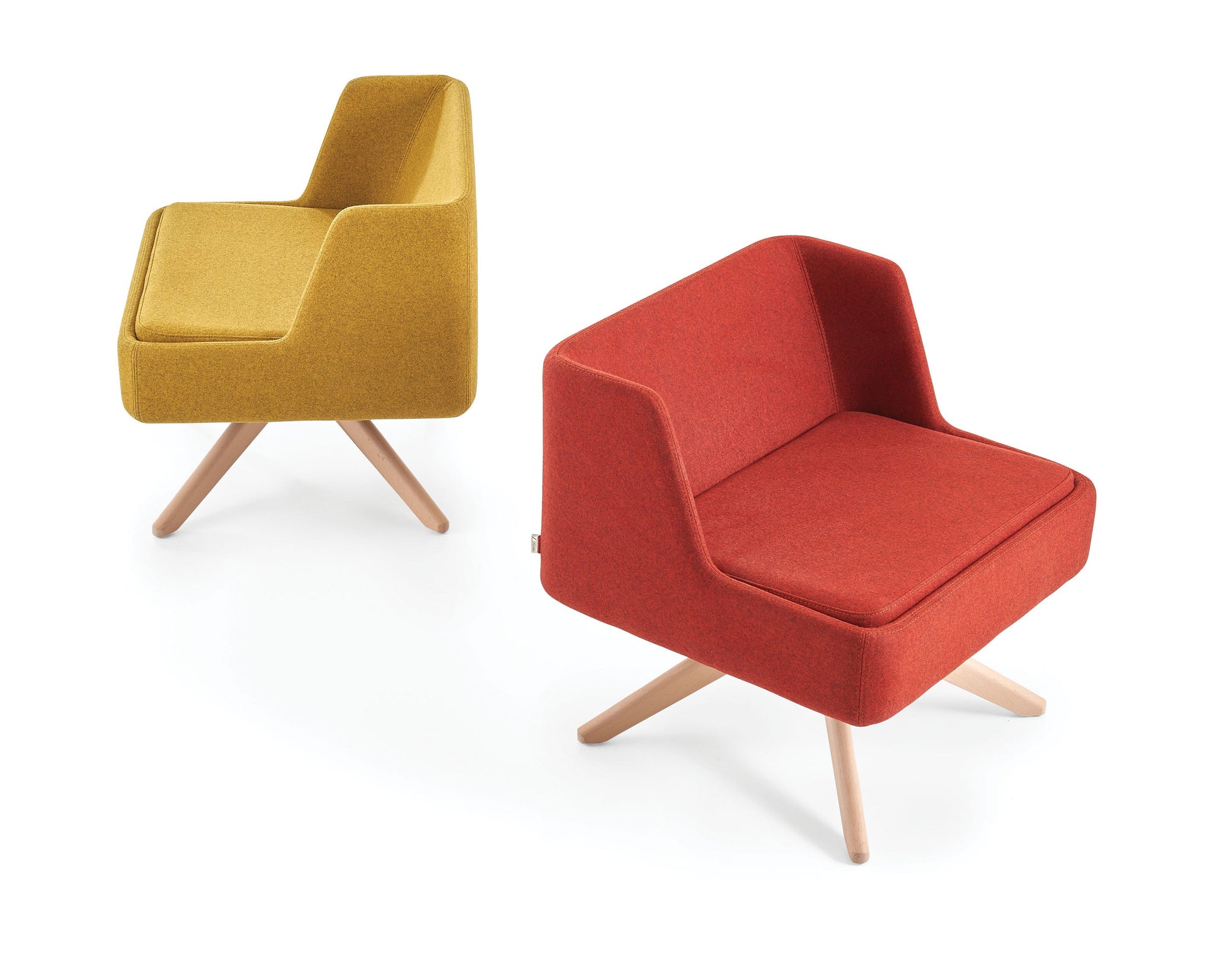 Two chairs, one yellow and one red, on a white background