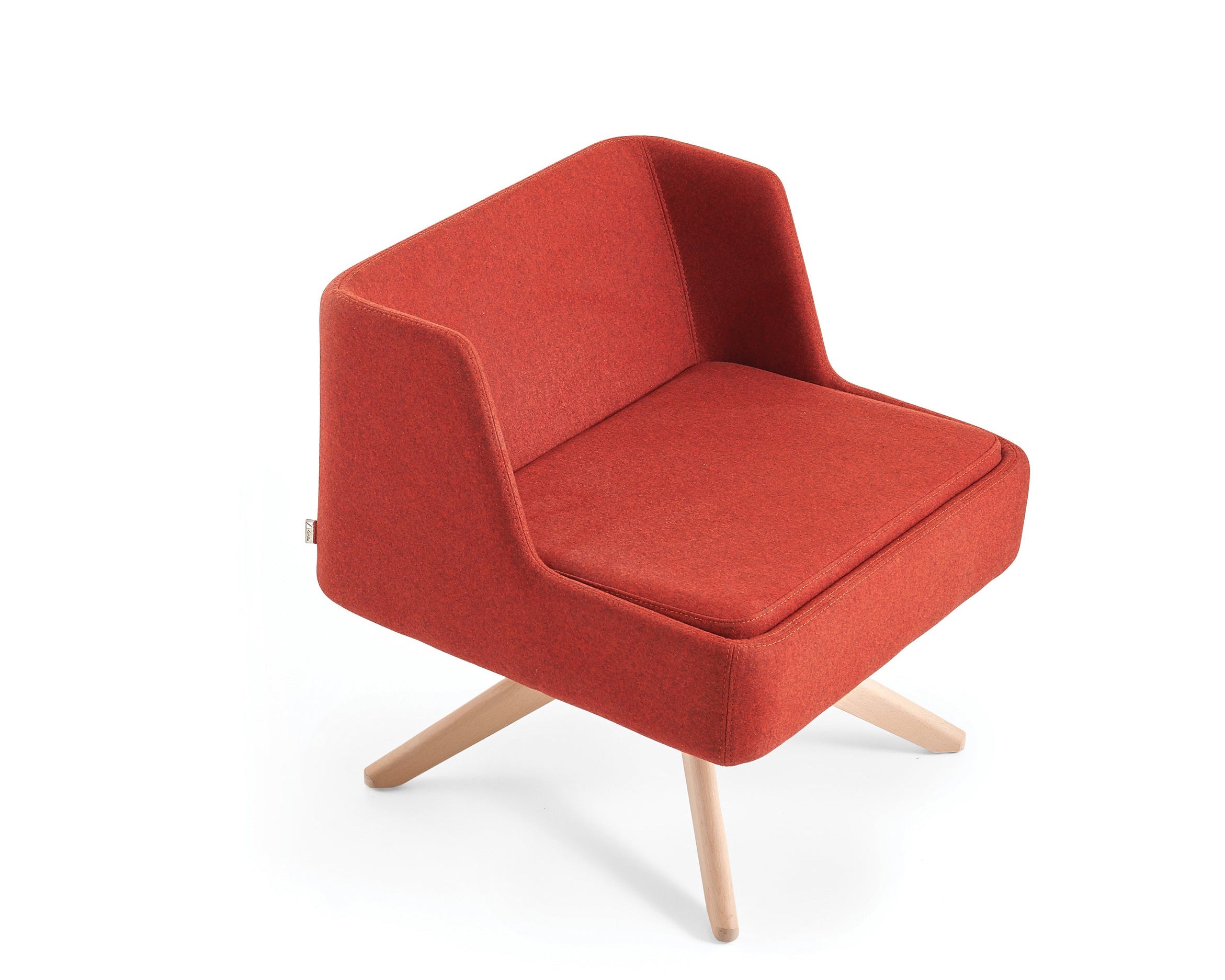 Red armchair with wooden legs on a white background