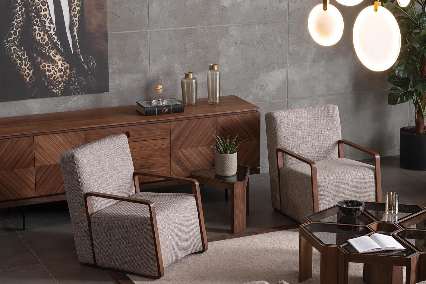 Mega Bergere Armchair styled in a complete modern living room setup, enhancing the space with its elegant appeal.