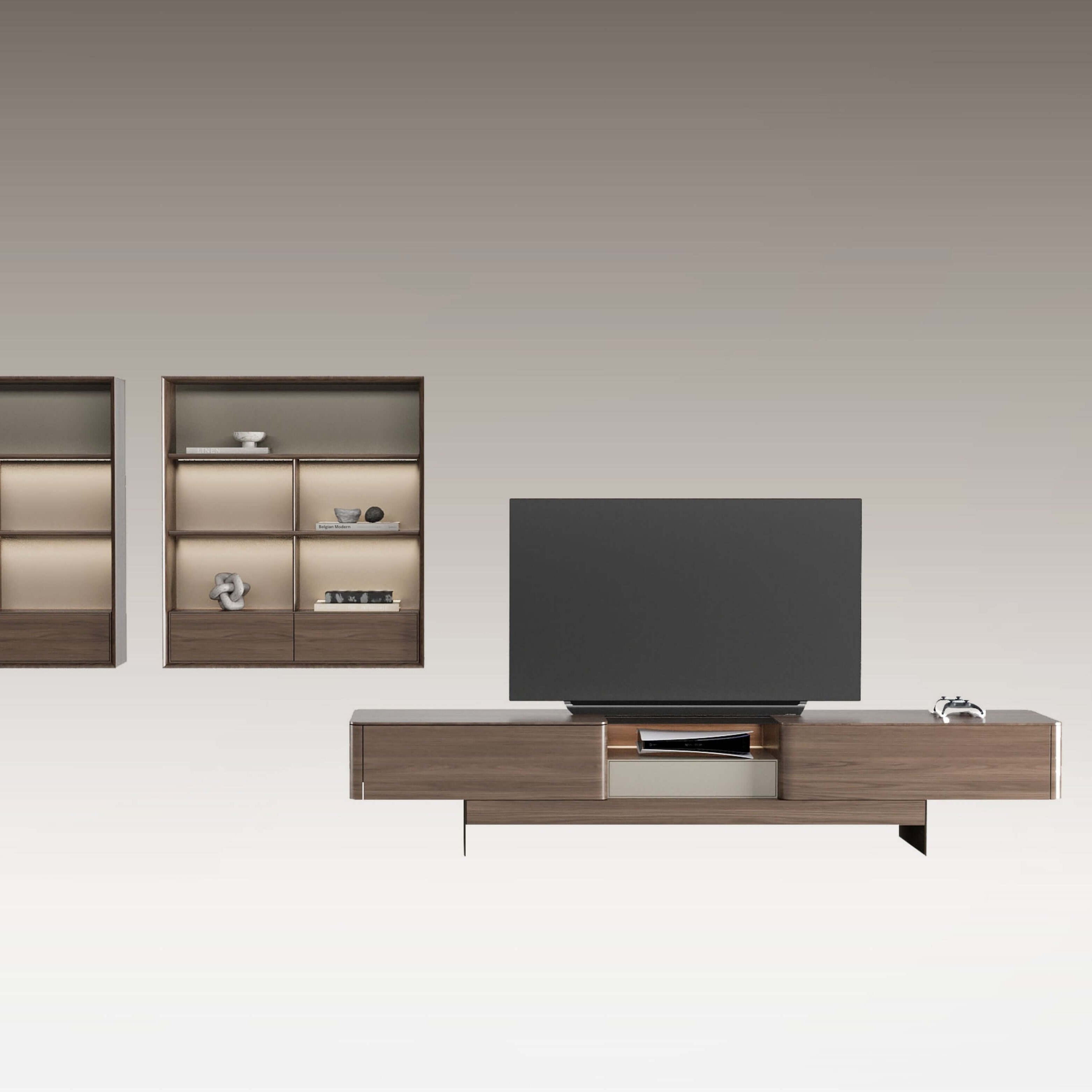 Modern living room setup featuring the Moderno TV Unit wooden media console with drawers and open shelf