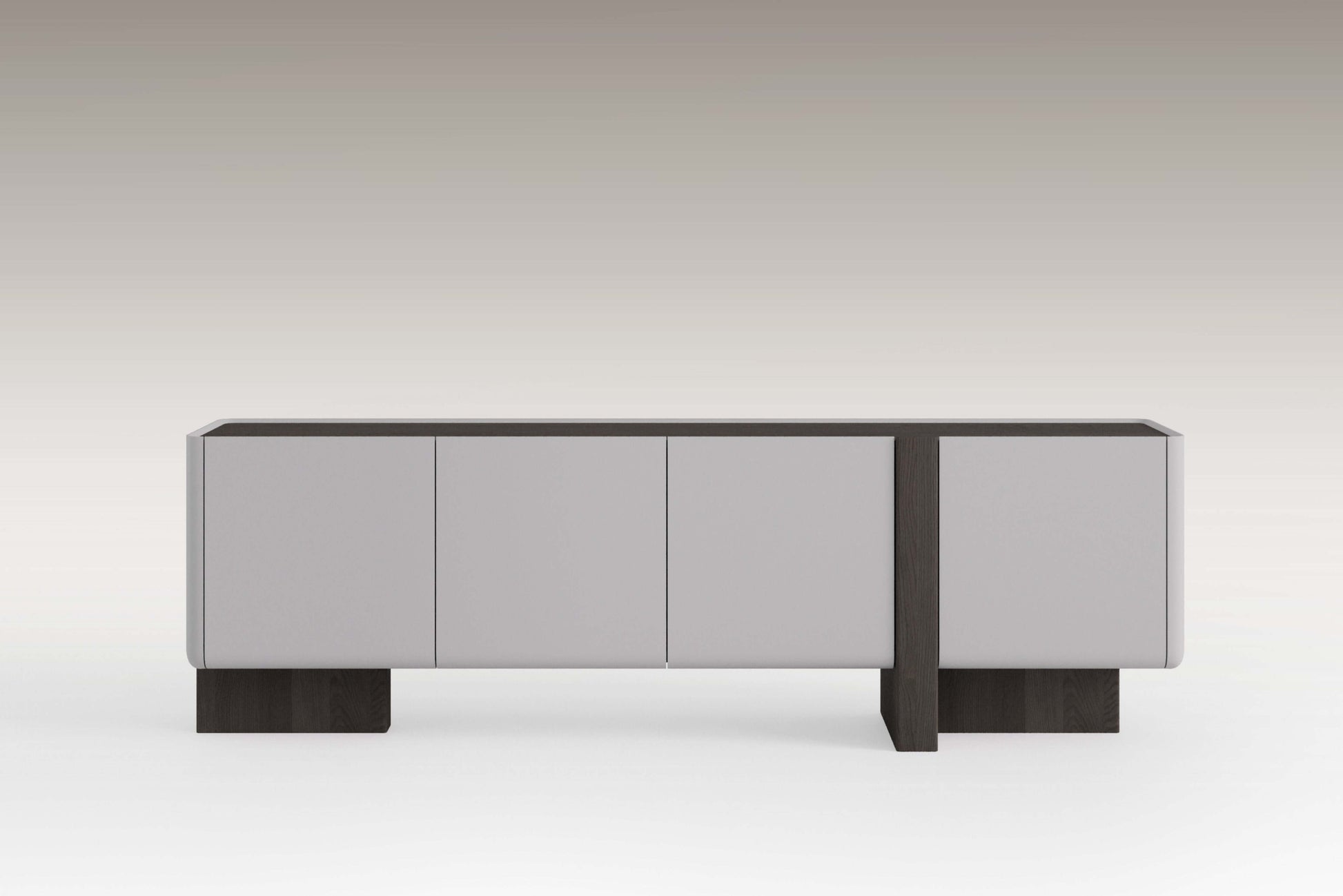 Moss Sideboard Curved Contemporary Furniture with matte lacquered doors, wood frame, and asymmetrical sculptural base. contemporary curved design with ample concealed storage.