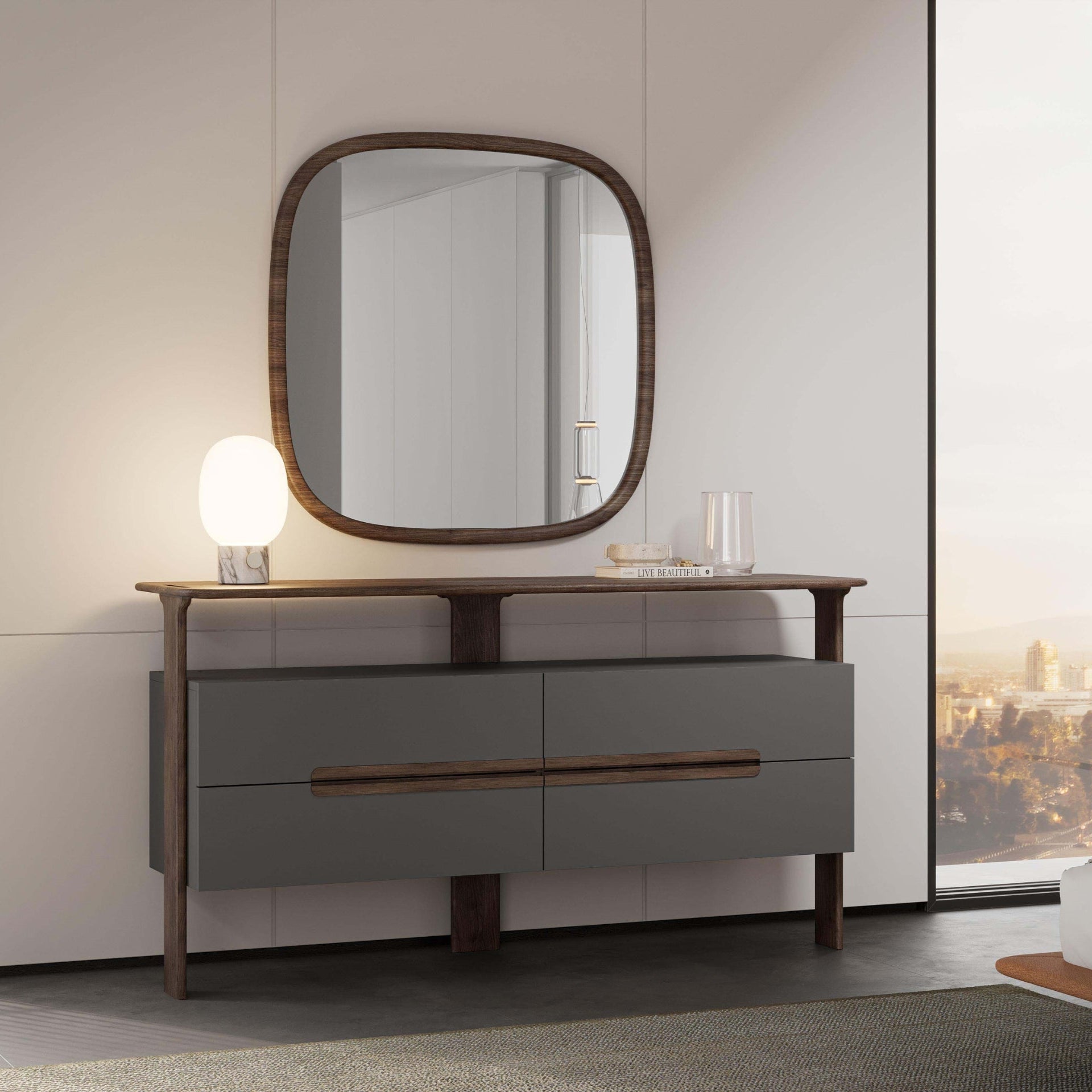 Close-up of the Nova Dresser’s handles, showcasing high-quality materials and sleek detailing.