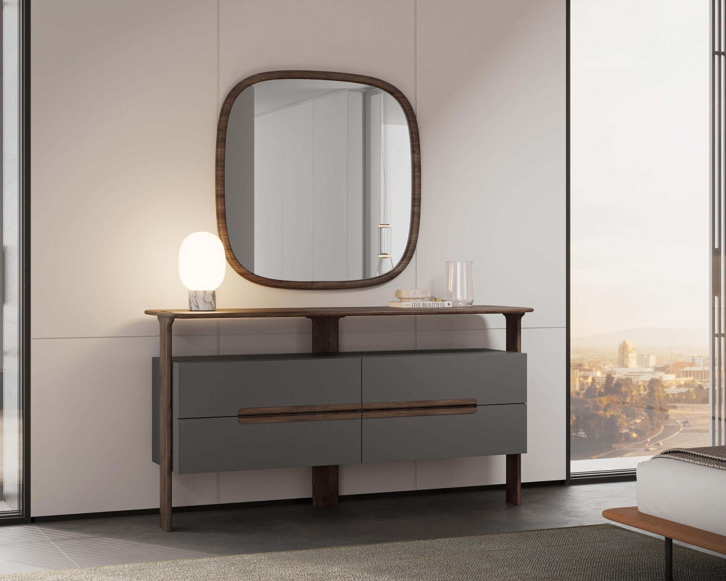 Close-up of the Nova Dresser’s handles, showcasing high-quality materials and sleek detailing.