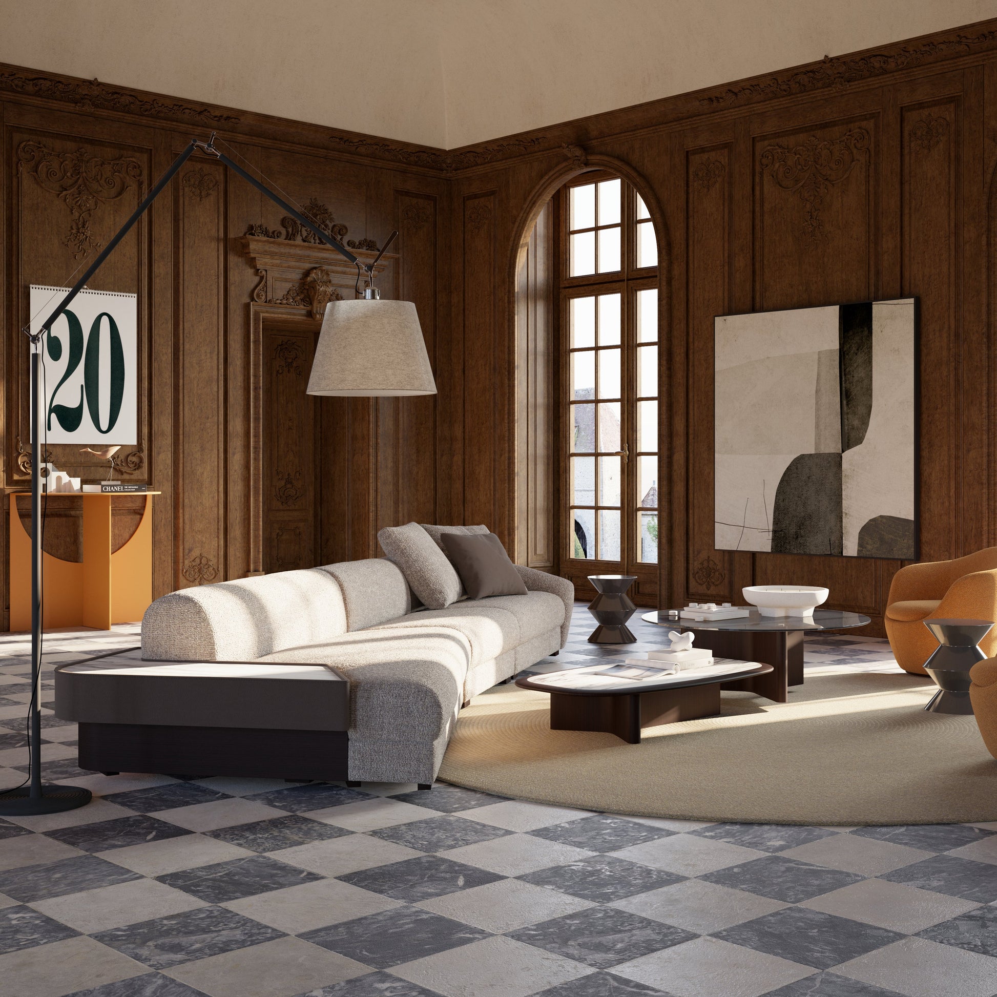 Modern living room with wooden walls, large windows, and stylish furniture.