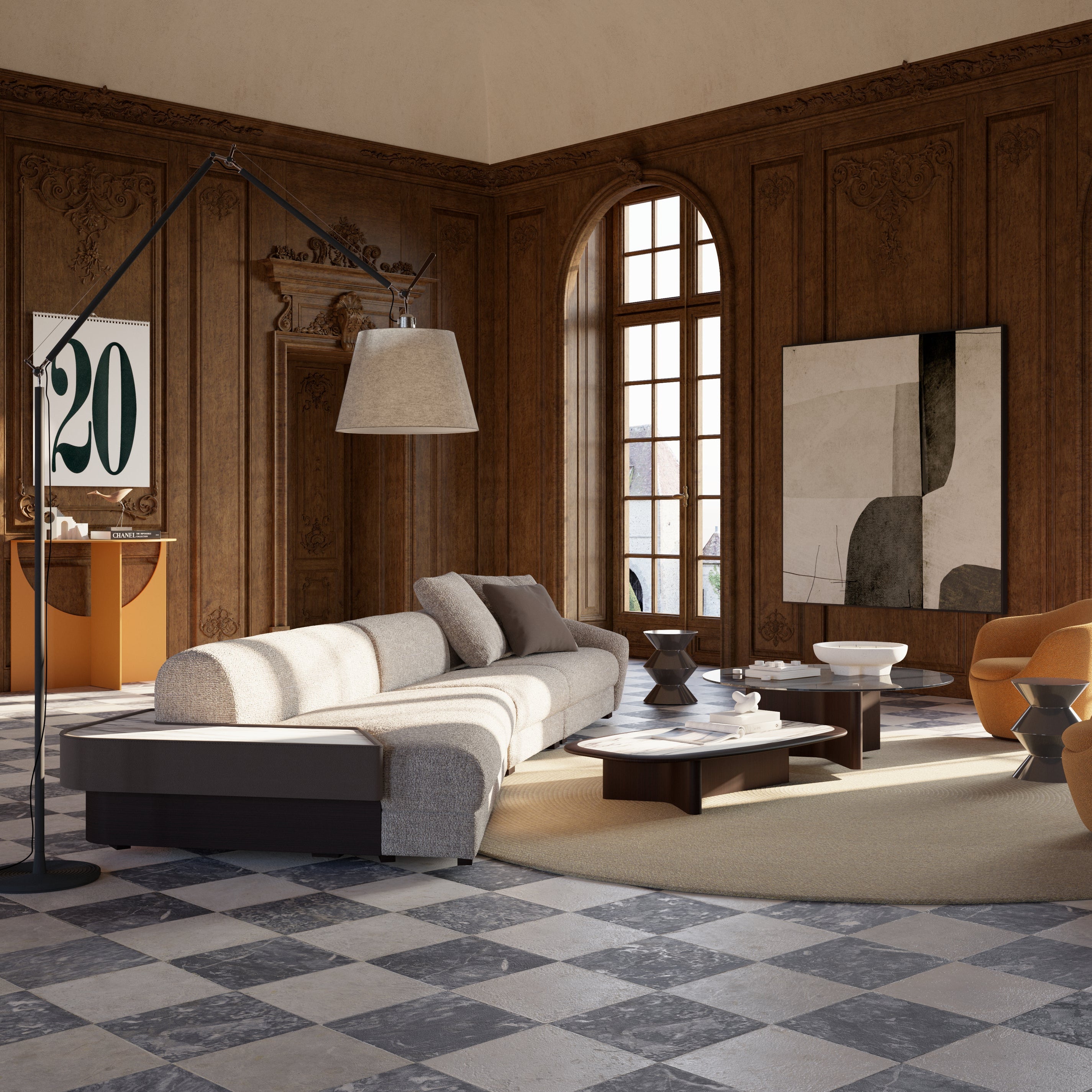 Modern living room with wooden walls, large windows, and stylish furniture.