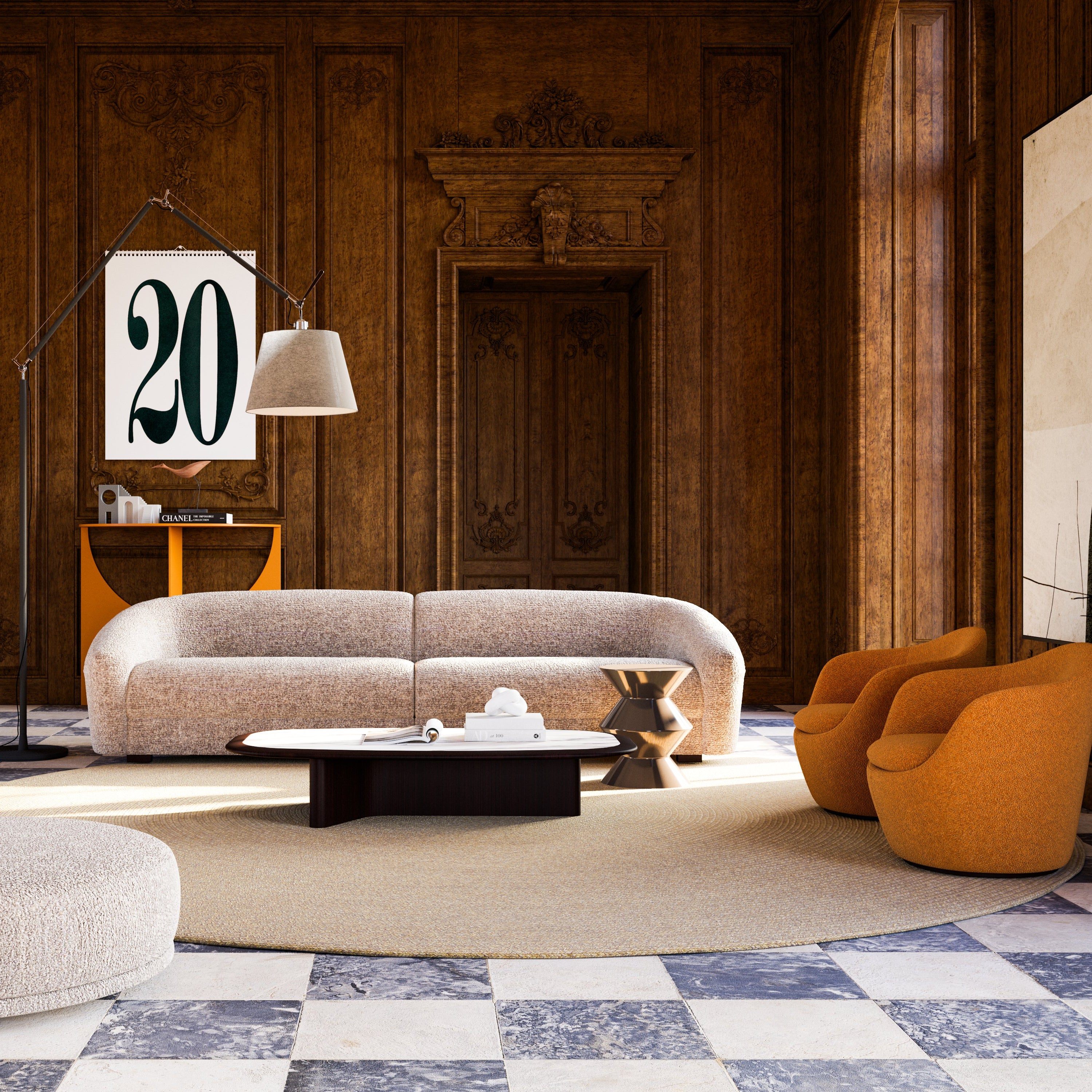 Modern living room with a beige sofa, orange chair, and abstract art on a wooden wall.
