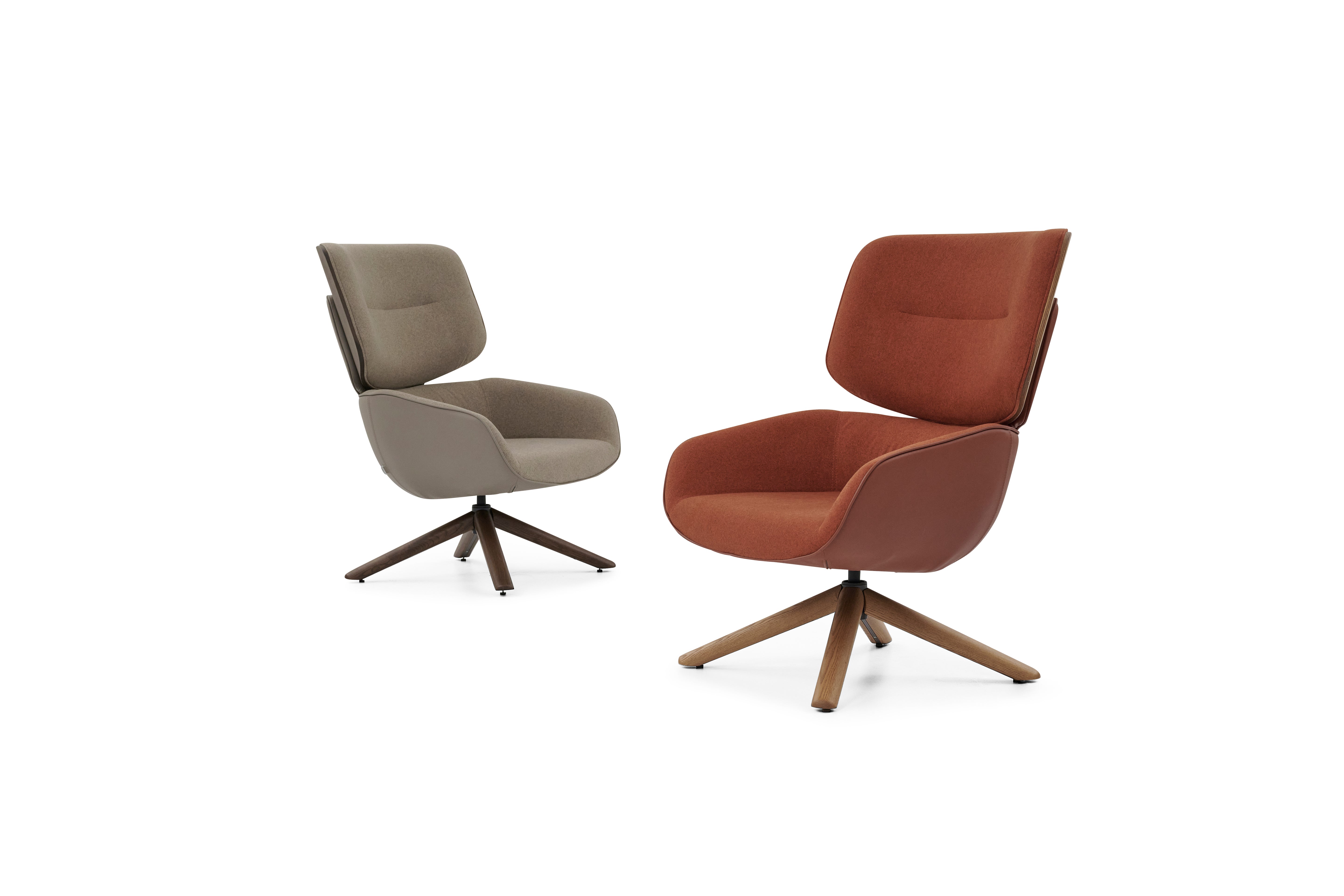 Two chairs, one gray and one brown, on a white background