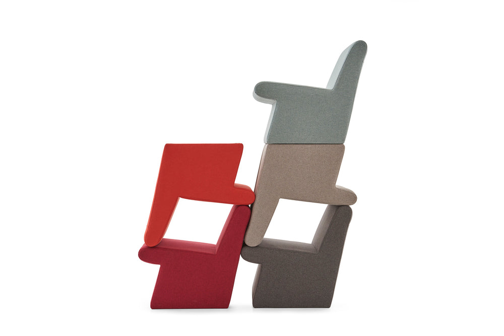 modern chairs, one red and one gray, on a white background