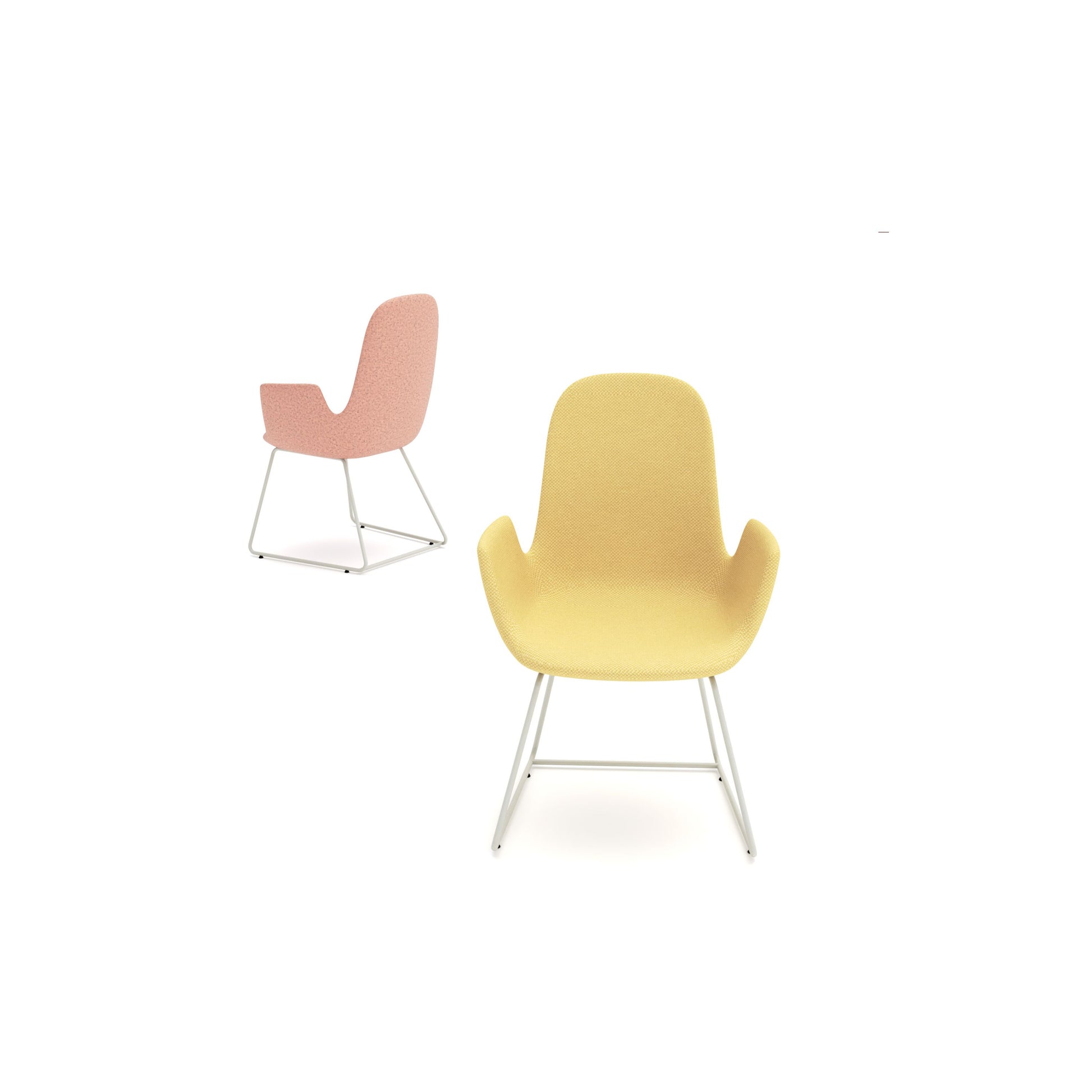 Two chairs, one pink and one yellow, on a white background