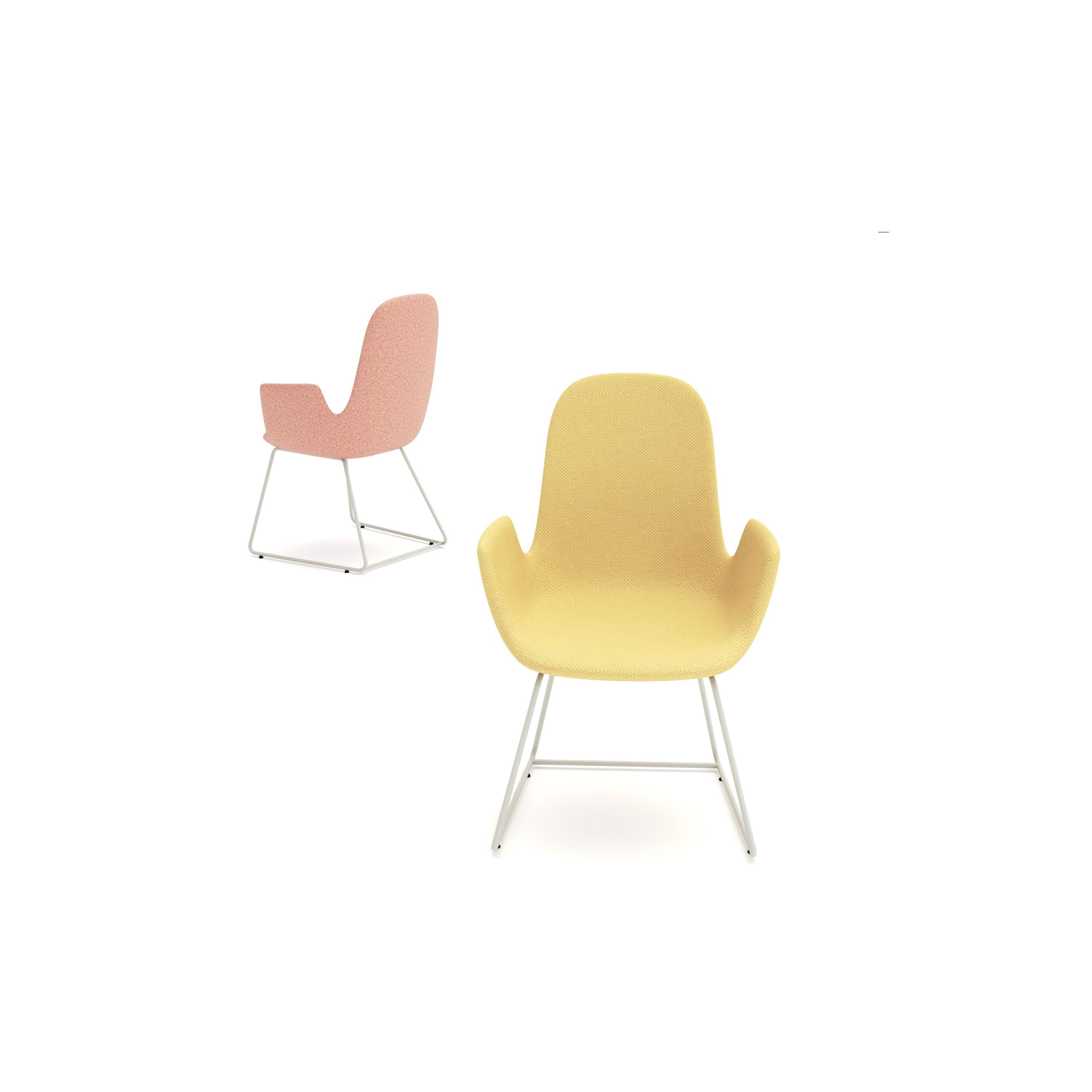 Two chairs, one pink and one yellow, on a white background