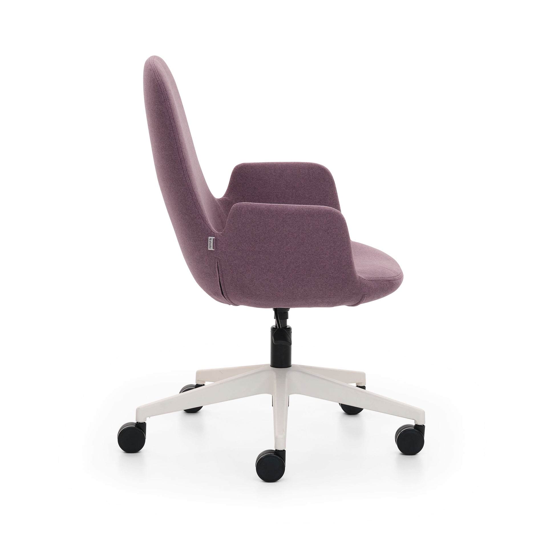 Pod Office Chair with purple seat and wheels on white background