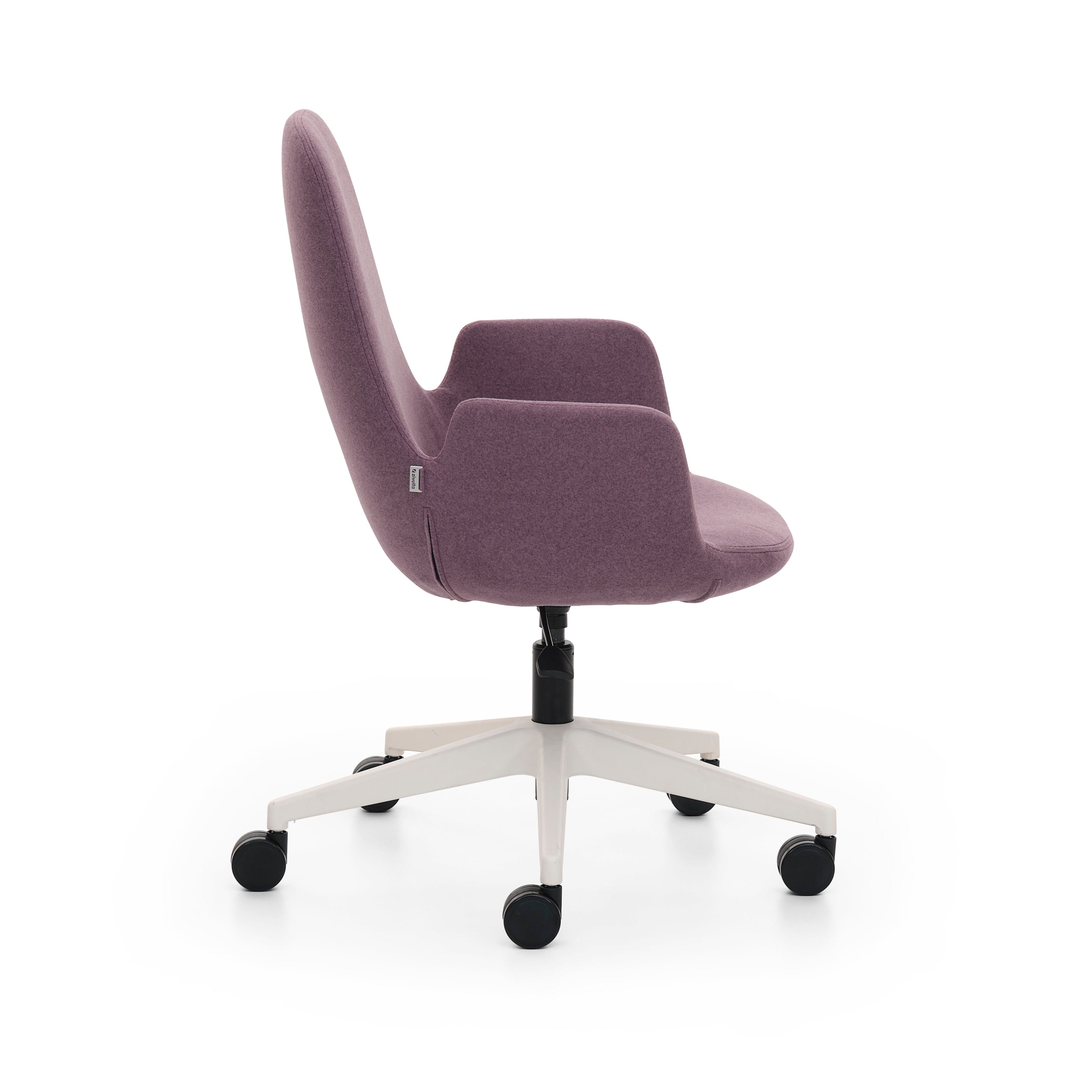 Pod Office Chair with purple seat and wheels on white background