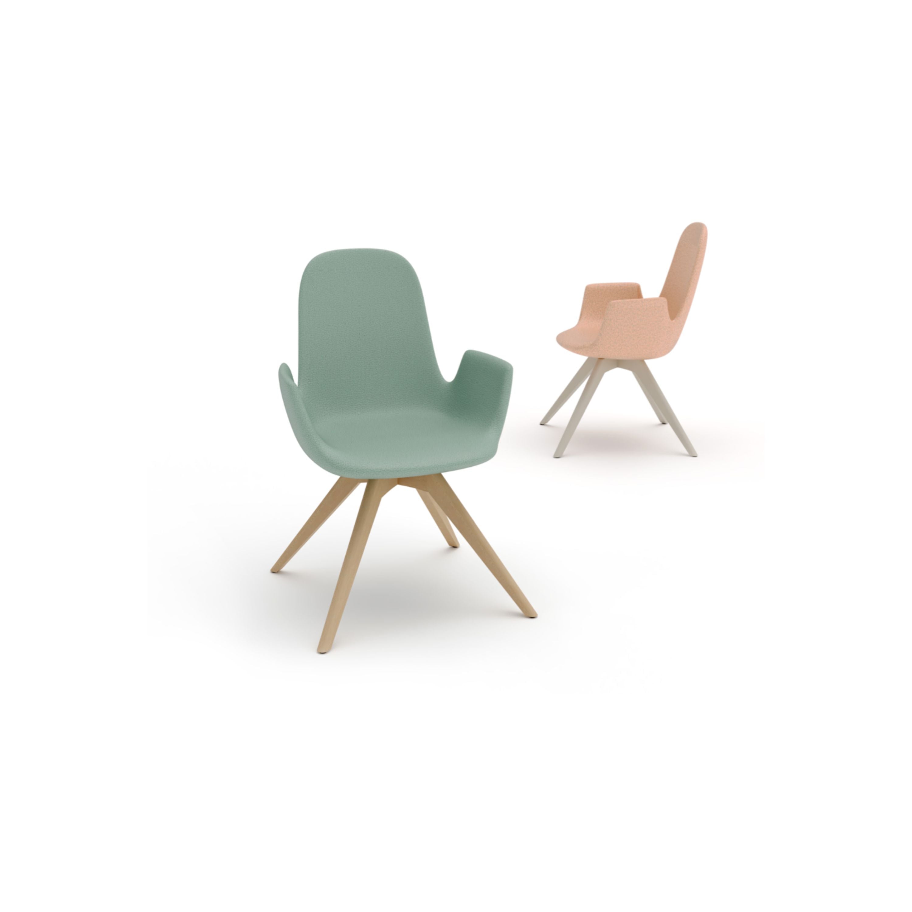 Two chairs, one green and one pink, on a white background