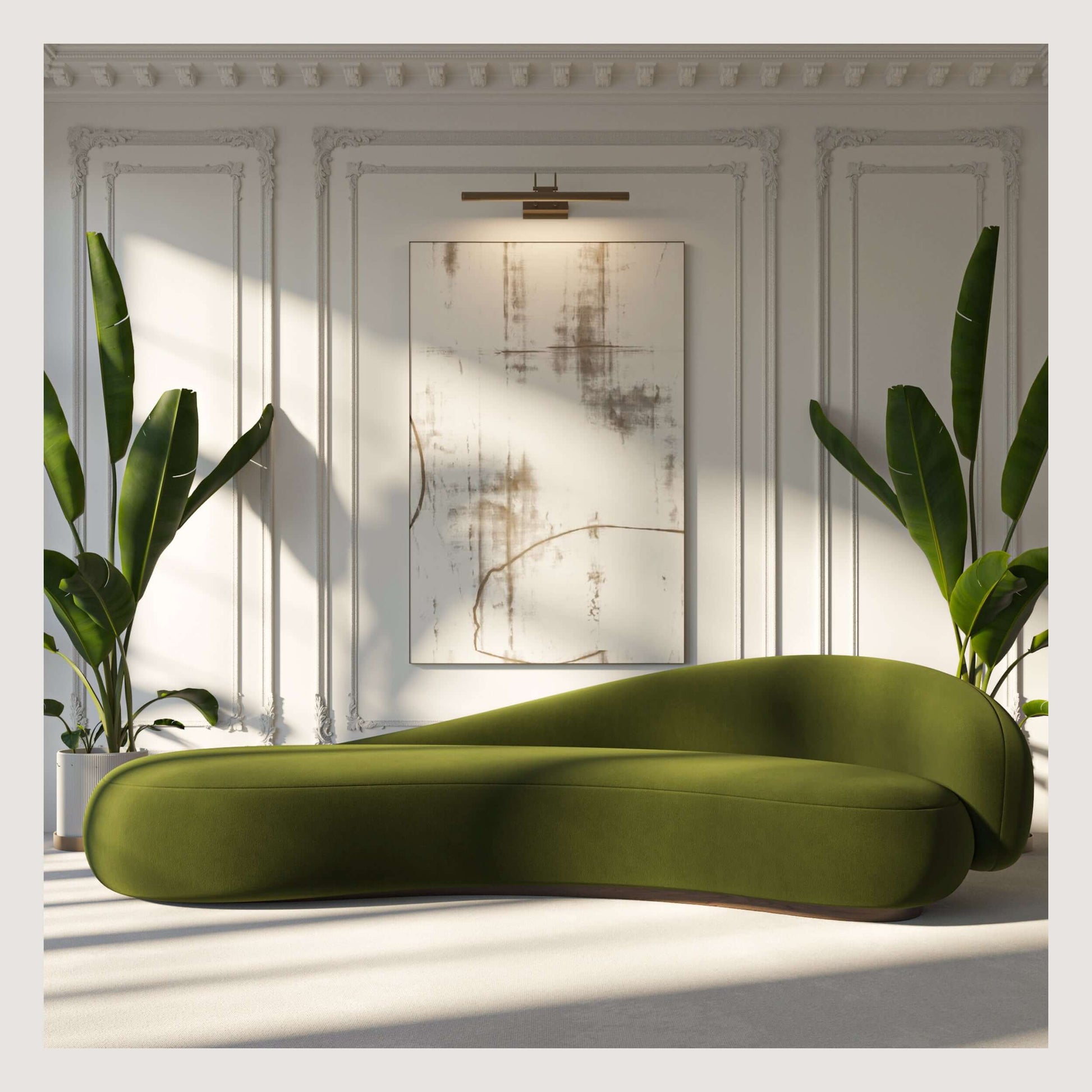 Papilio Curved Sofa in green, showcasing elegant design and modern style in a bright interior with artistic decor.