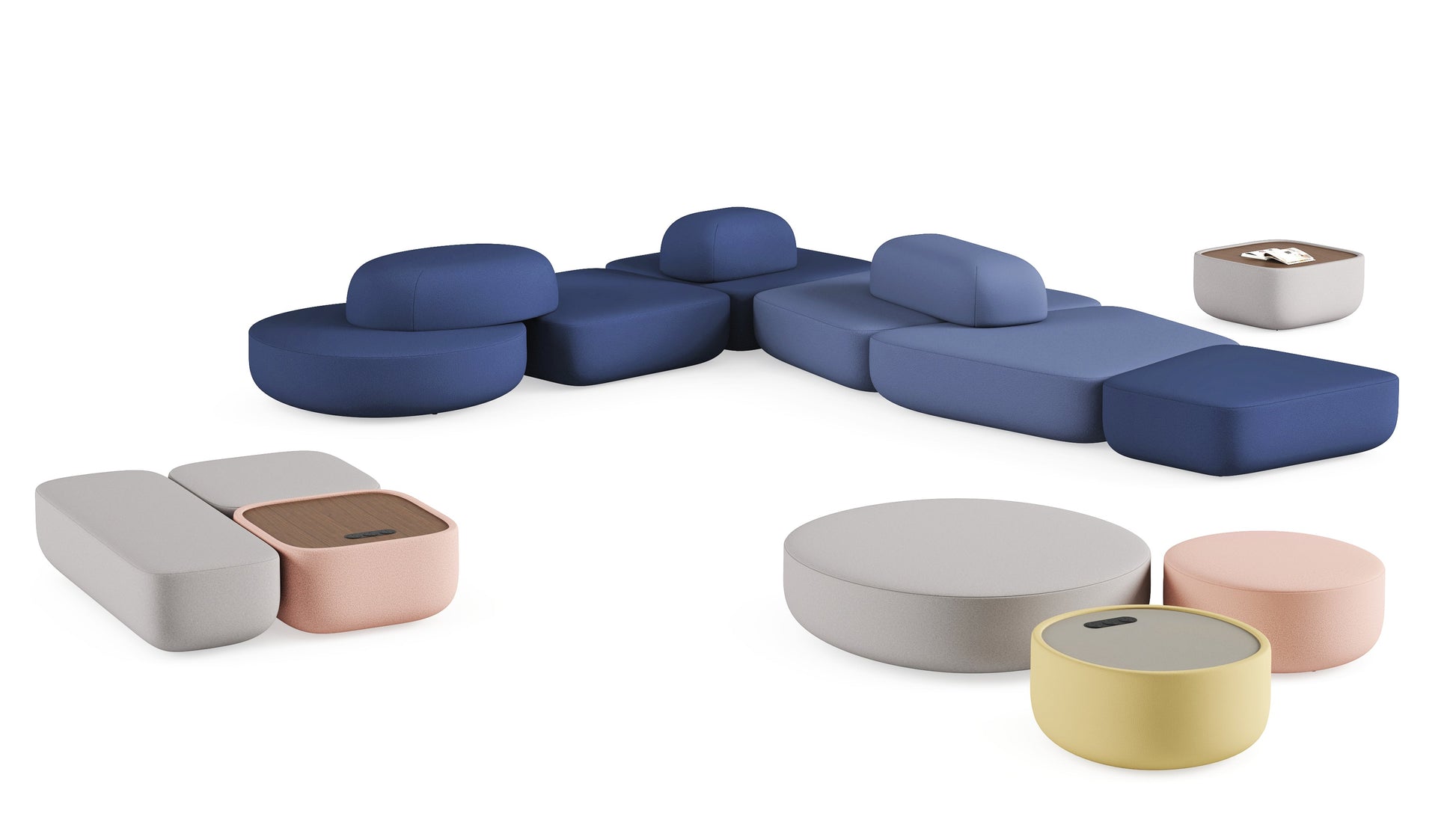 Modern outdoor furniture set with blue, gray, and pink cushions on a white background