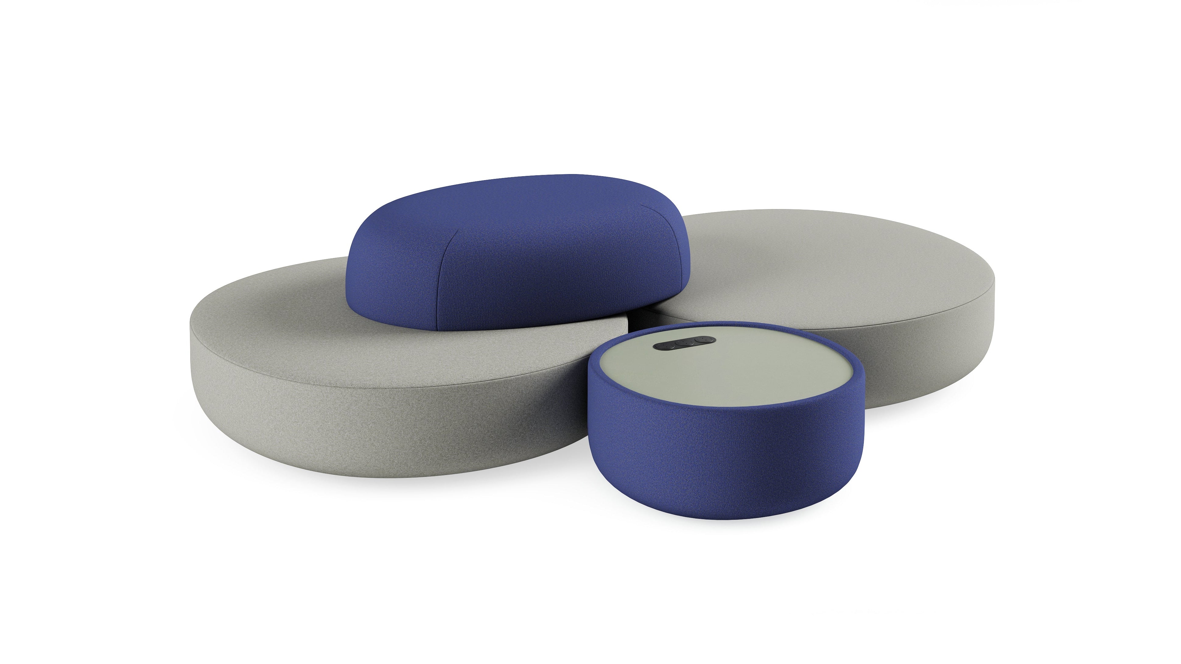 Three round cushions in blue and gray on a white background