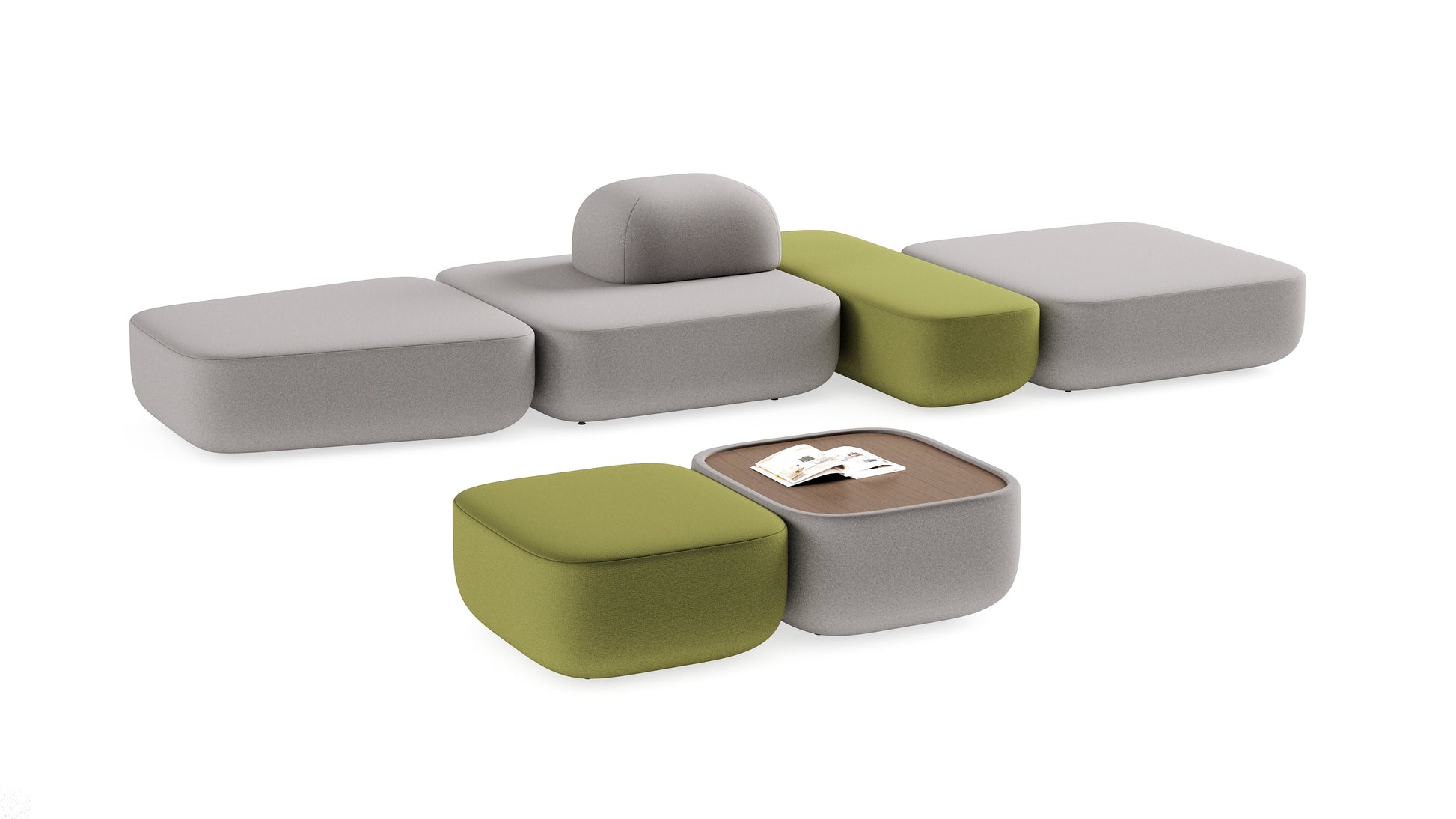 Modular outdoor furniture set with gray and green cushions on a white background