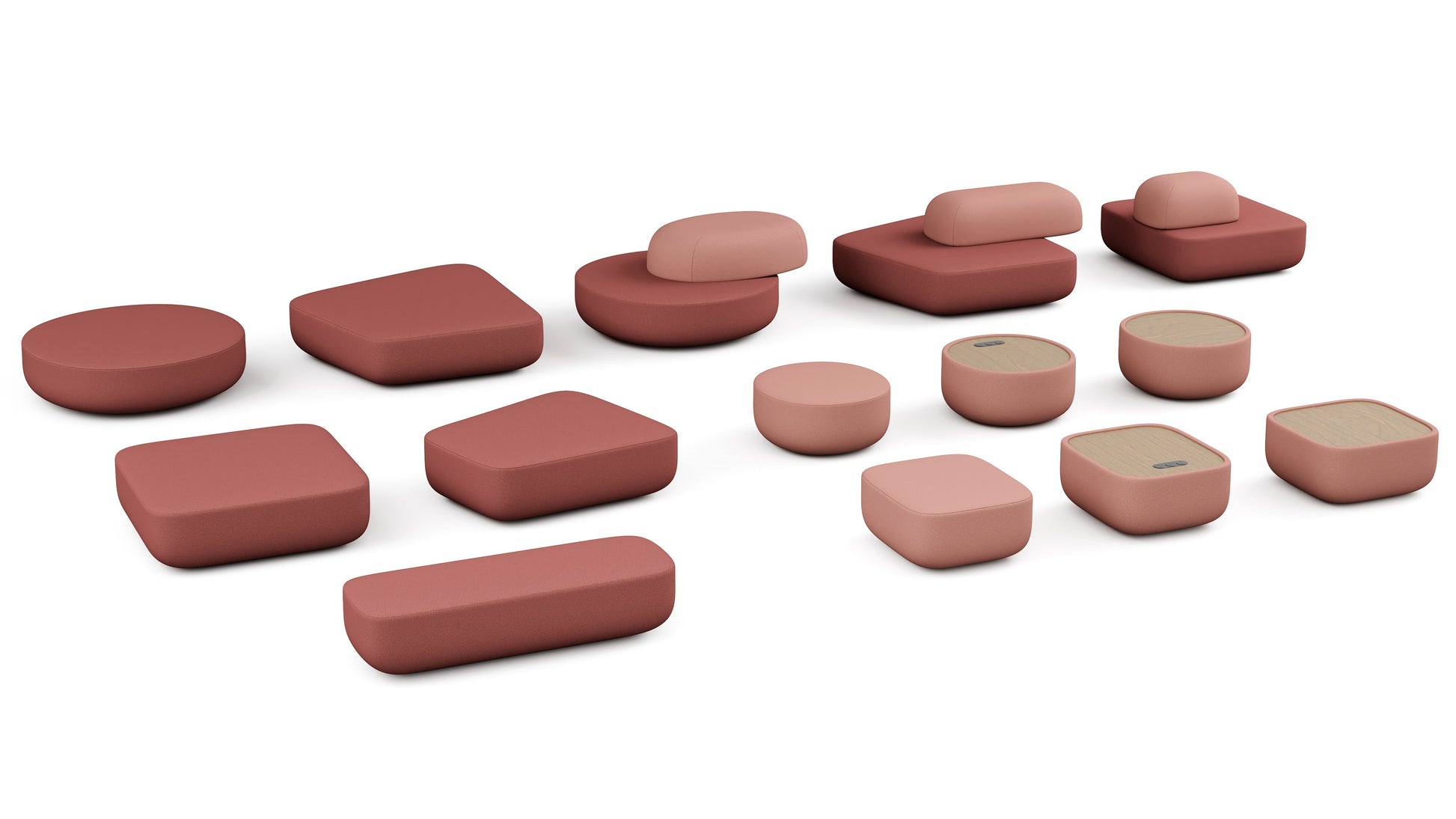 Set of pink and red stone-like objects on a white background