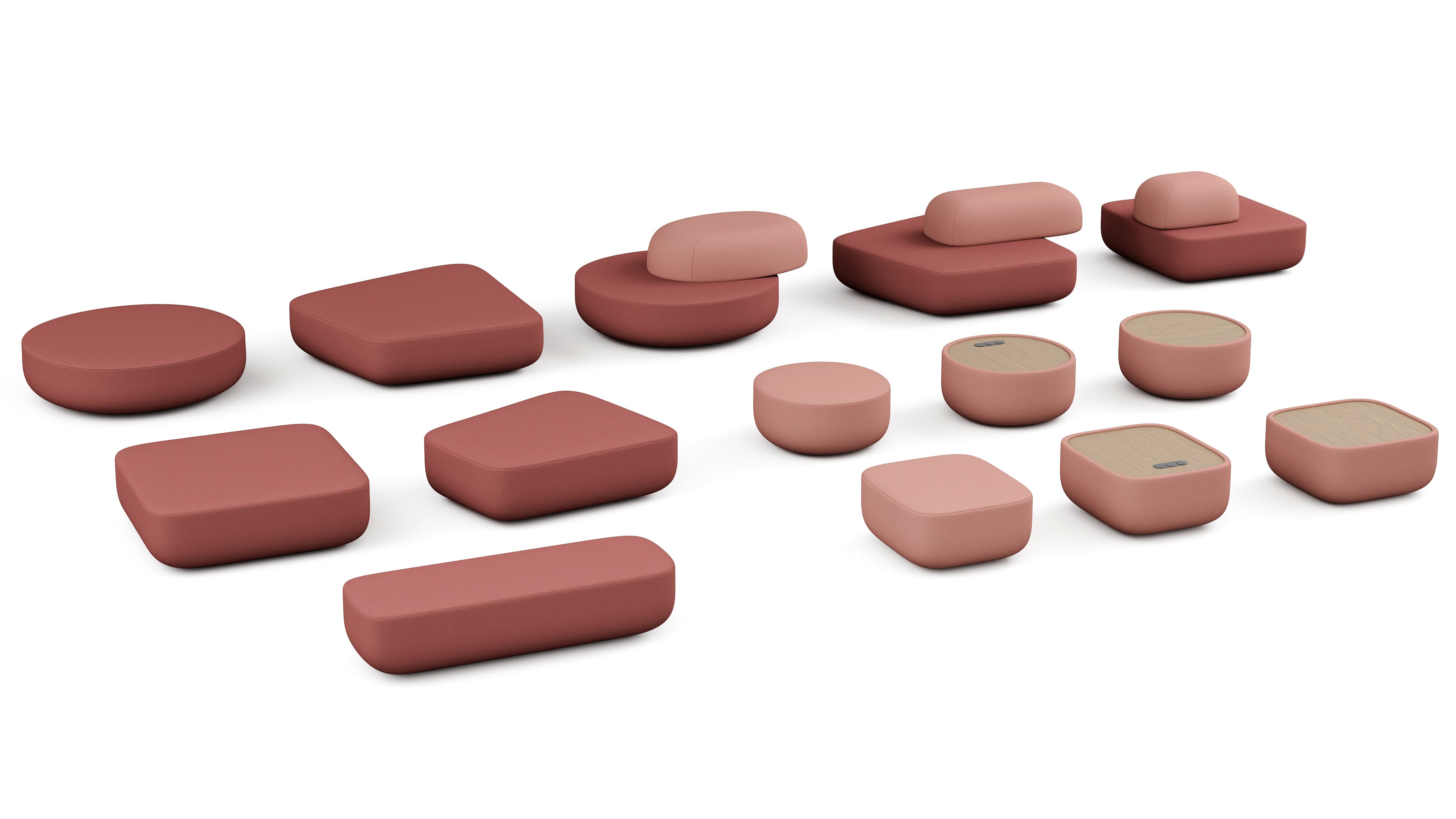 Set of pink and red stone-like objects on a white background