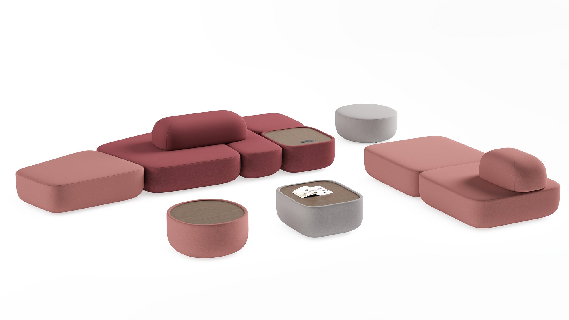 Set of pink and gray modular furniture pieces on a white background