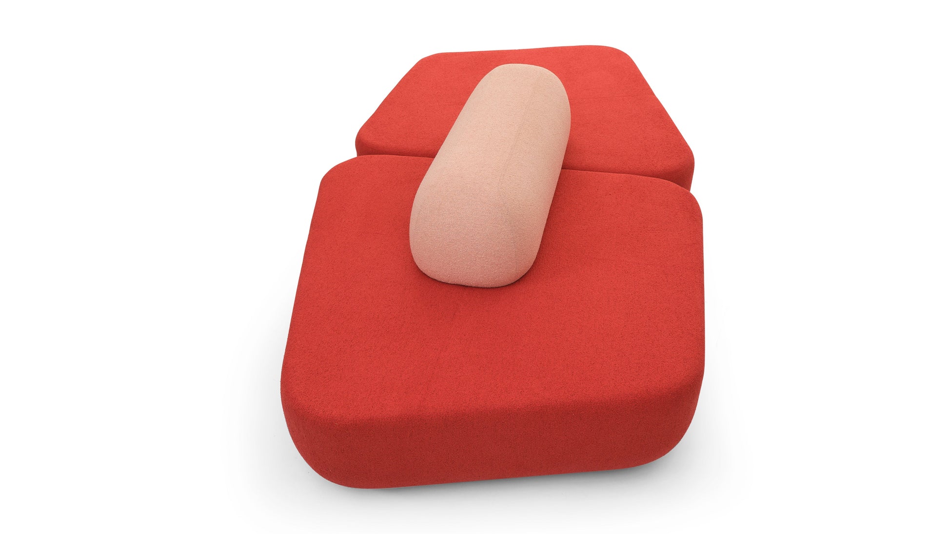 Red cushion with a beige bean-like object on a white background
