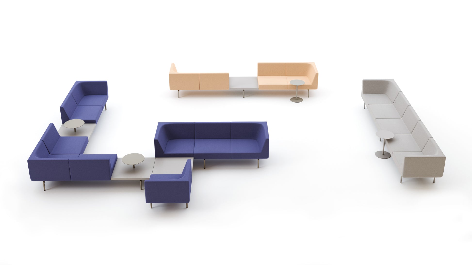 Modern office furniture set with blue and beige sofas on a white background