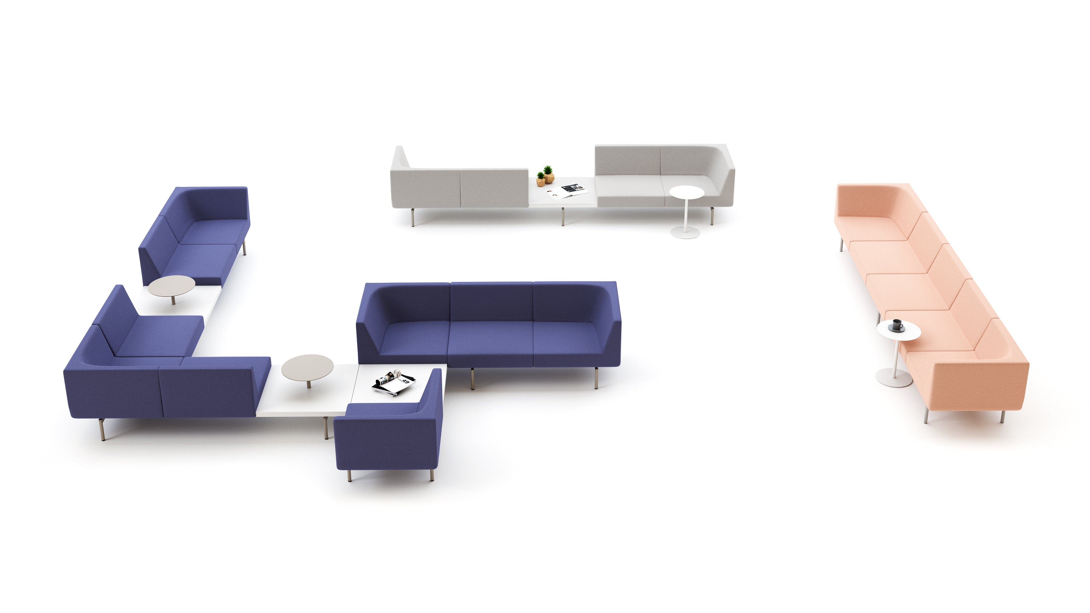 Modern office furniture including blue sofas and a pink bench on a white background