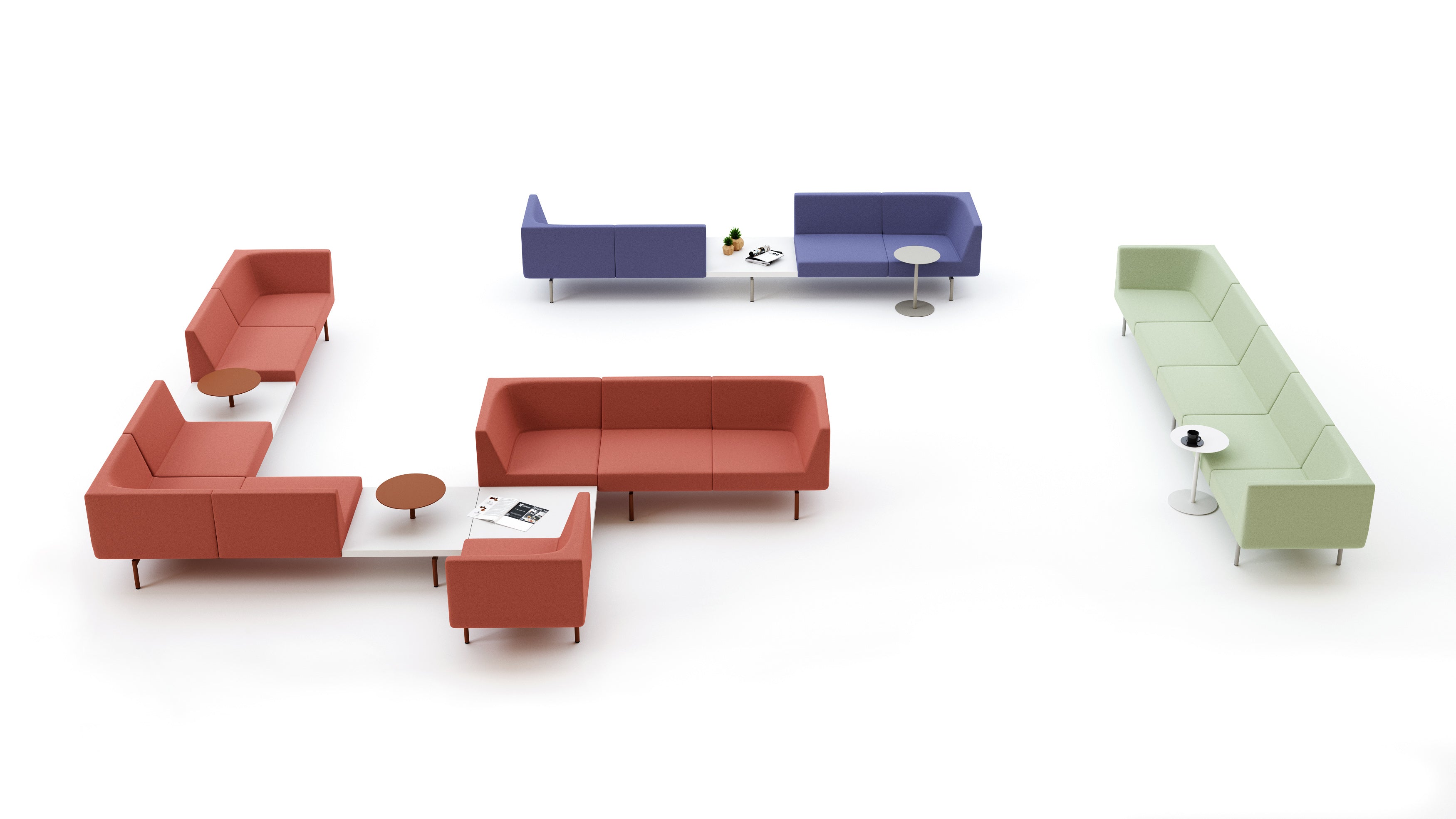 Modern office furniture set with red, blue, and green sofas on a white background