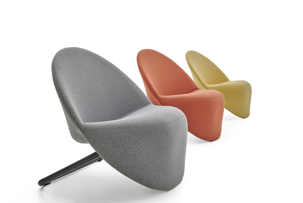 Three modern chairs in gray, red, and yellow on a white background