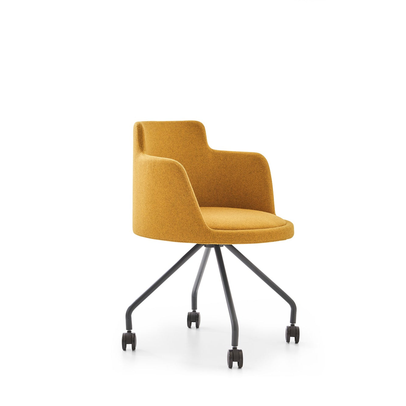 Yellow office chair with black mesh backrest on white background