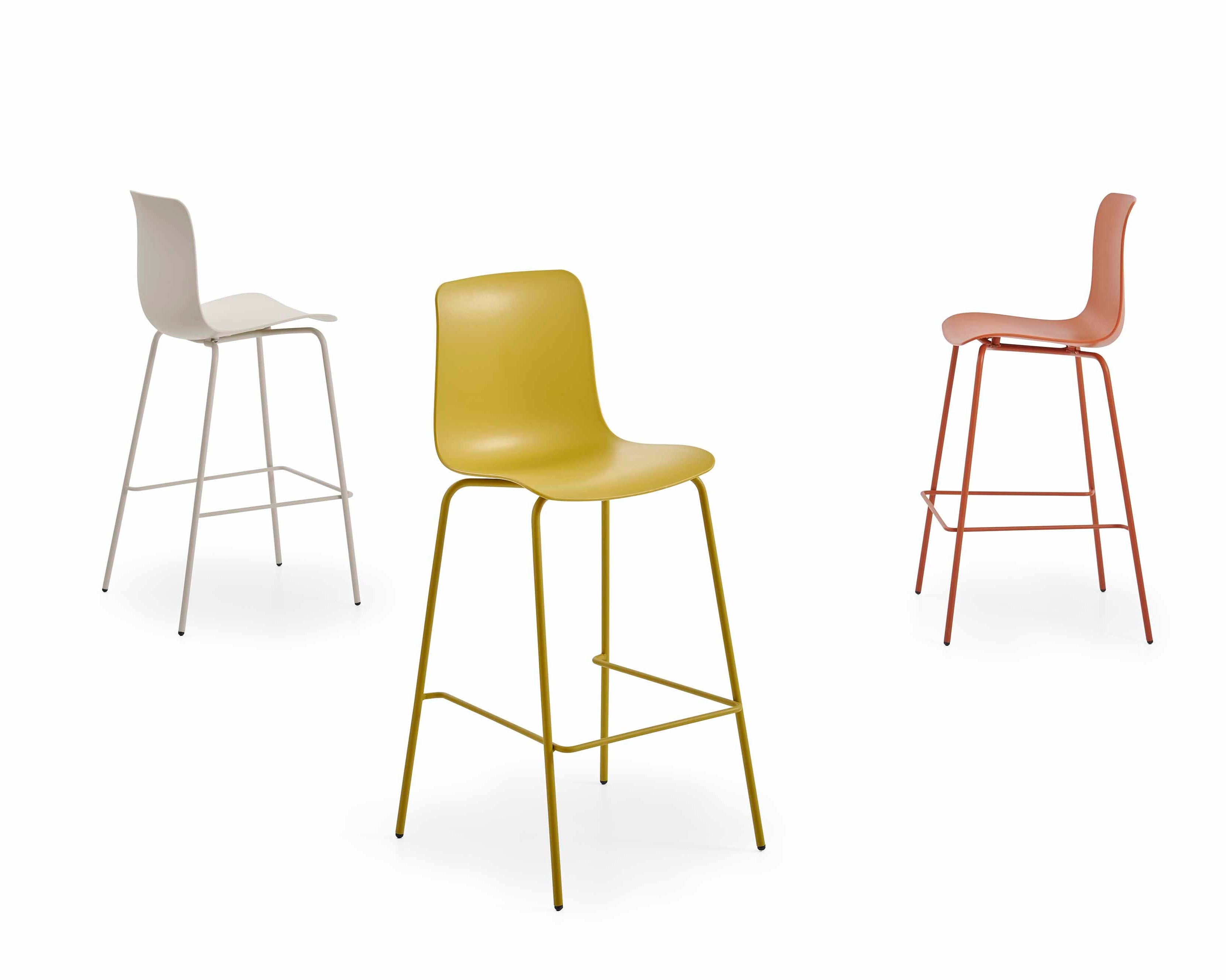 Three bar stools in different colors on a white background