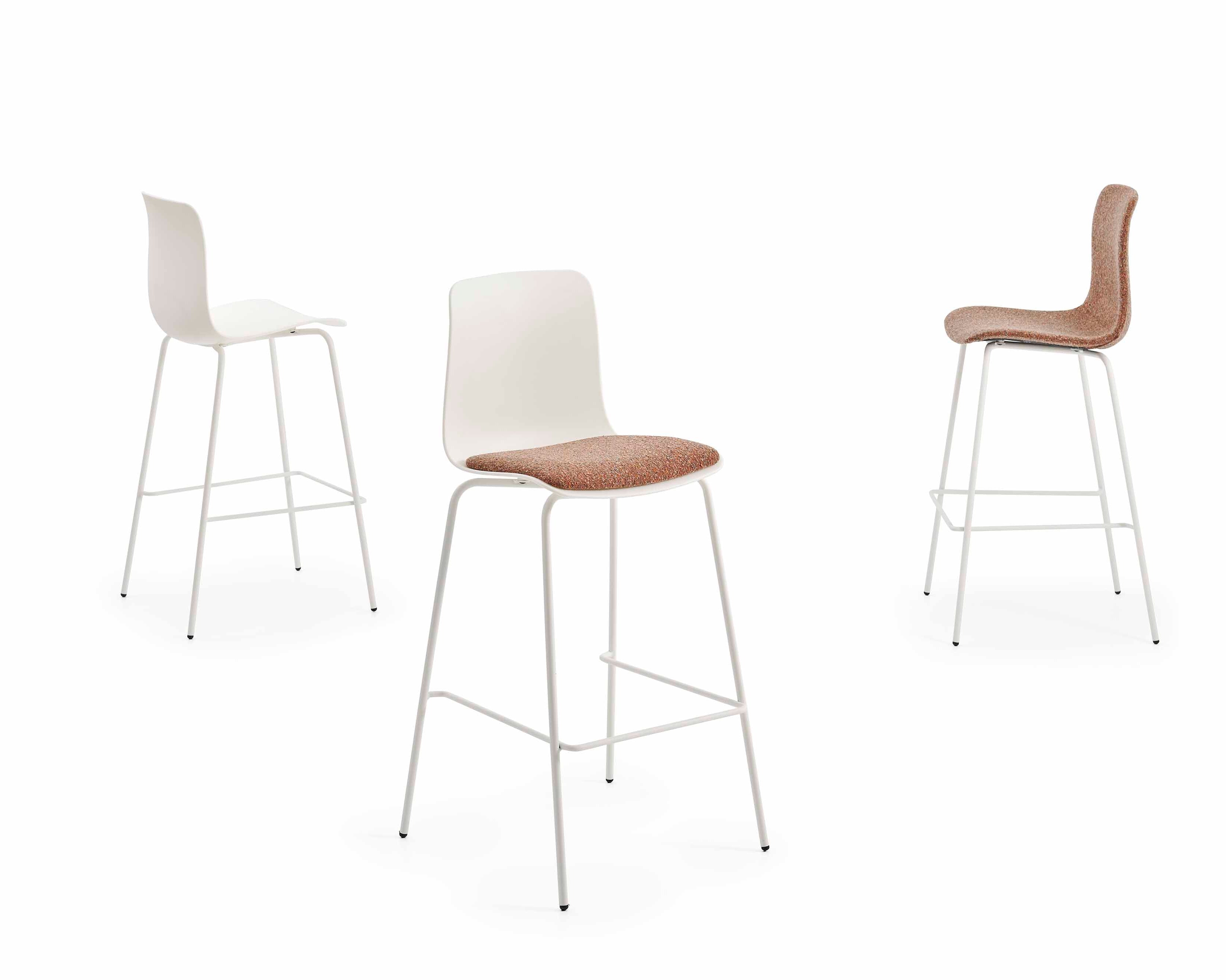 Three bar stools with different seat and backrest color combinations on a white background