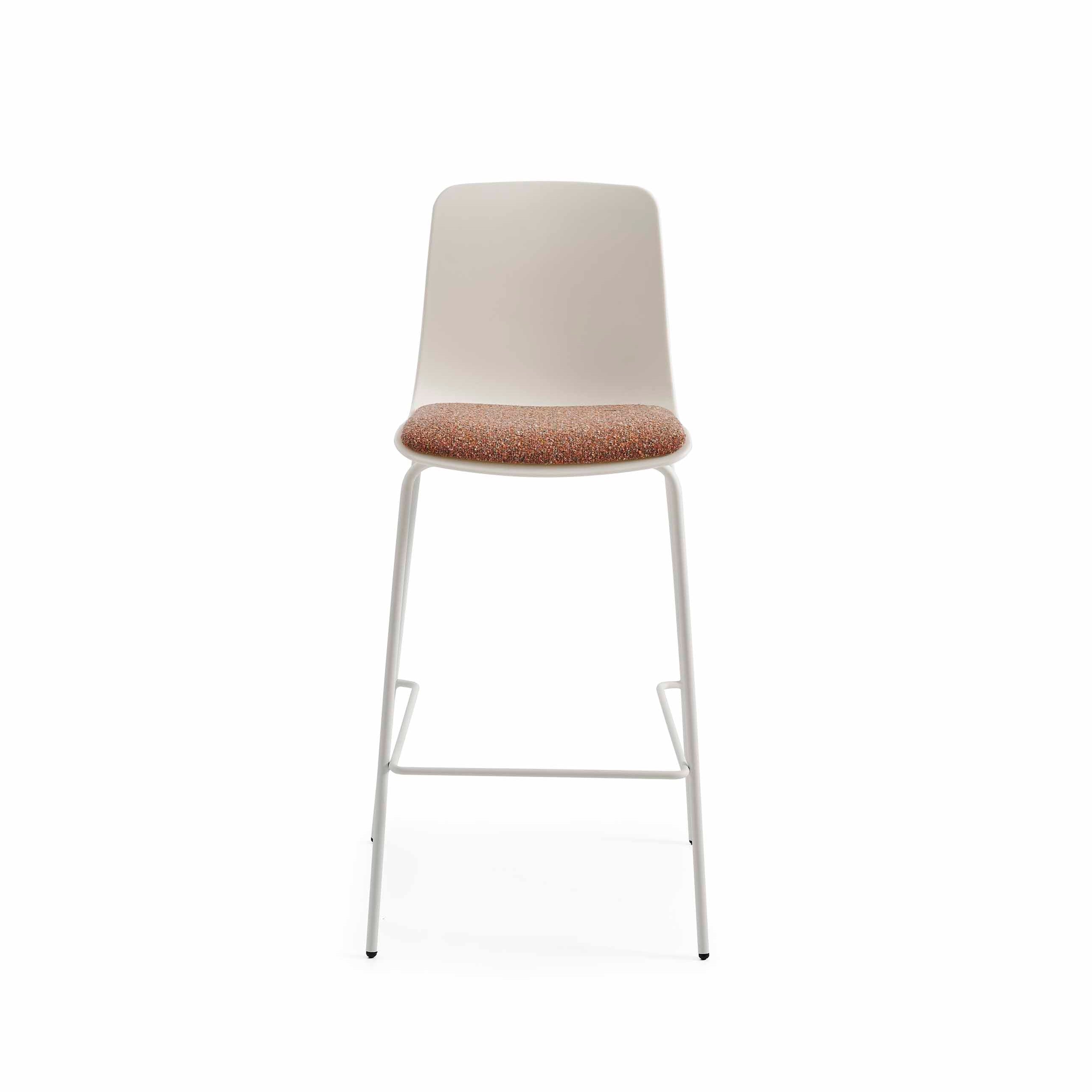 Bar stool with a white seat and brown cushion on a white background