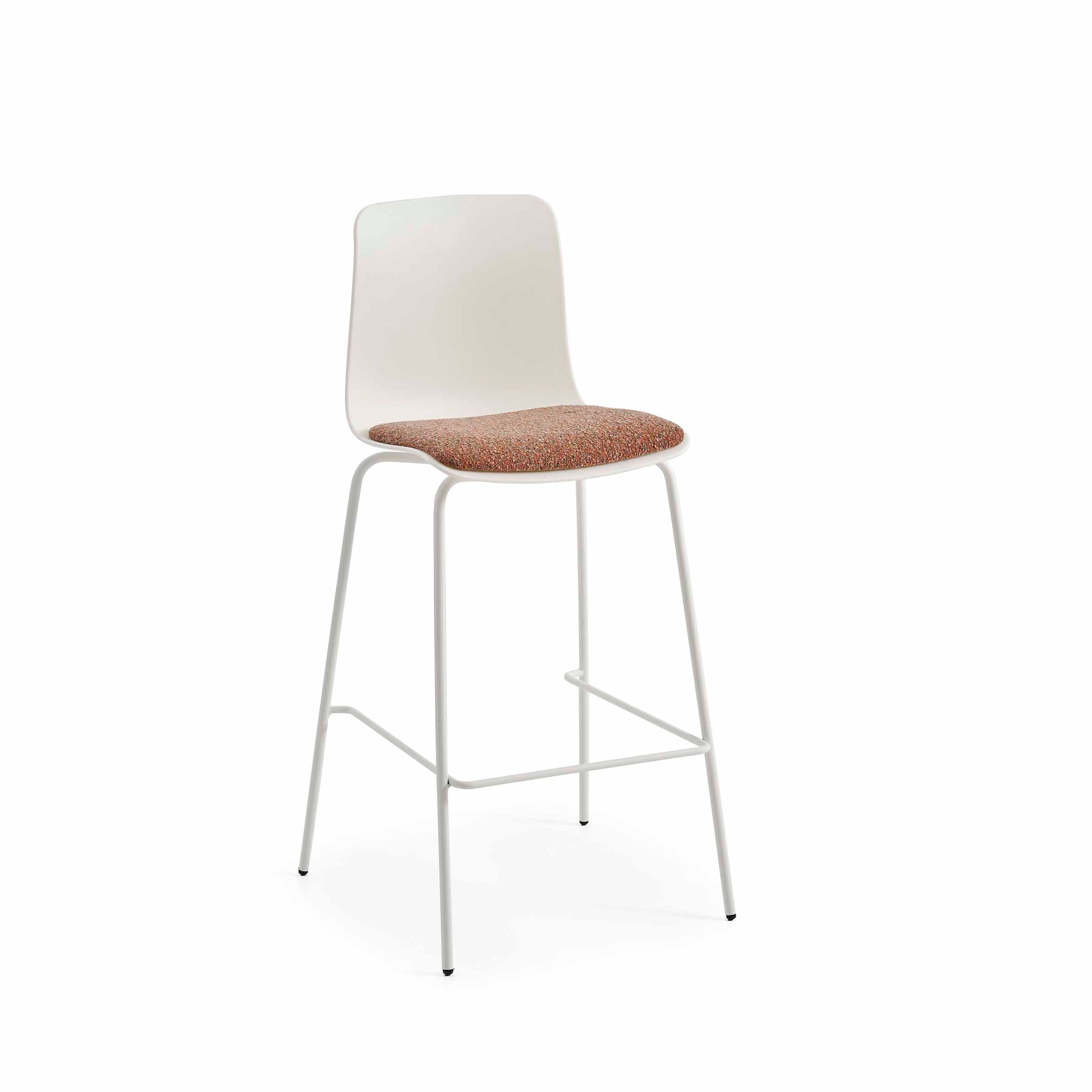 Bar stool with white frame and brown seat on a white background