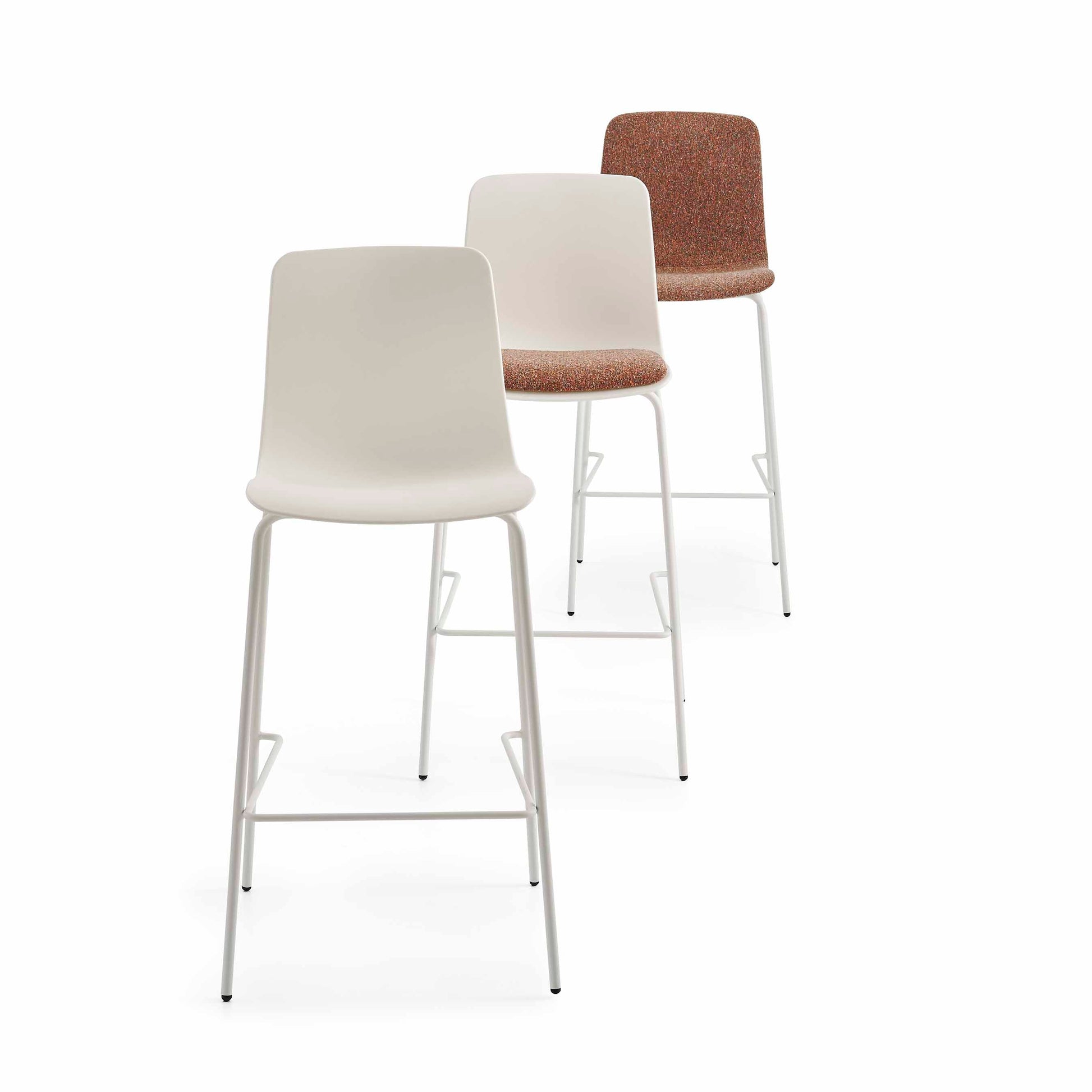 Three bar stools with different seat colors on a white background