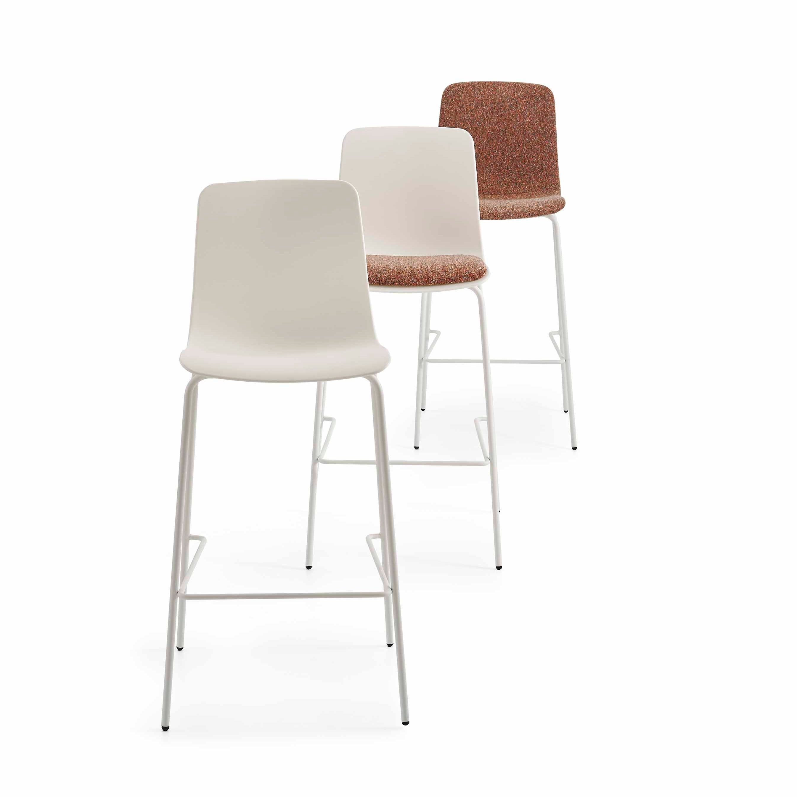 Three bar stools with different seat colors on a white background